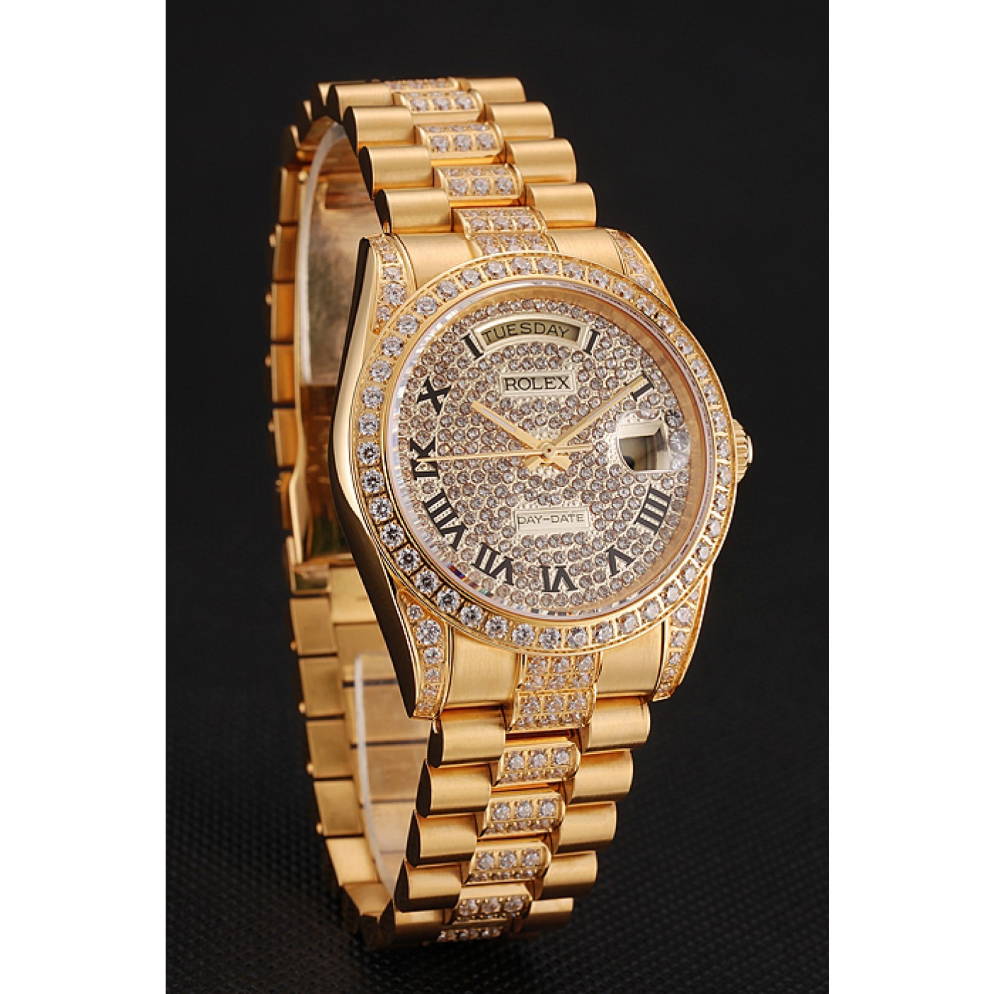 RepTime Watches Swiss Rolex Day-Date Diamond Pave Dial Gold Diamond Bracelet 1453956