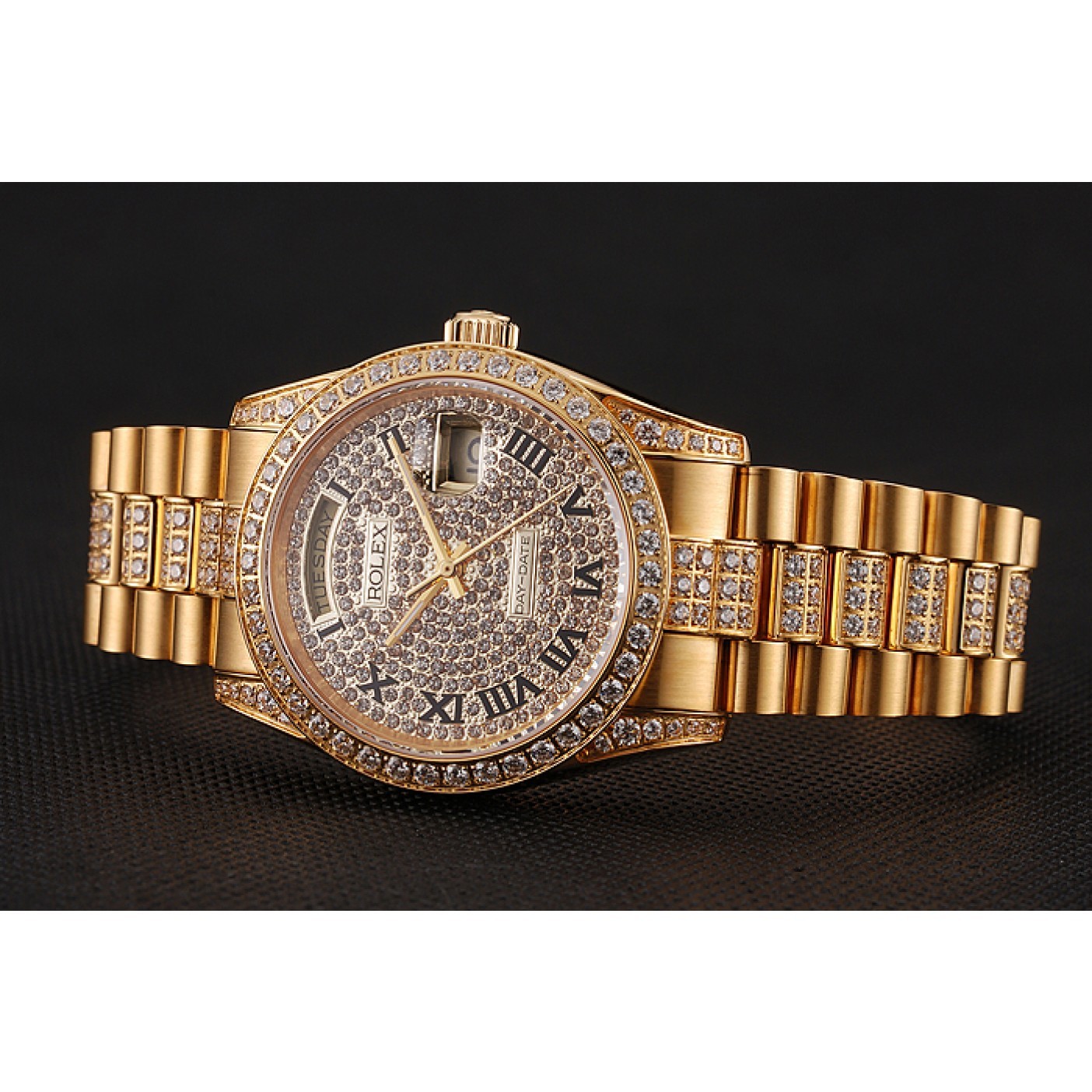 RepTime Watches Swiss Rolex Day-Date Diamond Pave Dial Gold Diamond Bracelet 1453956