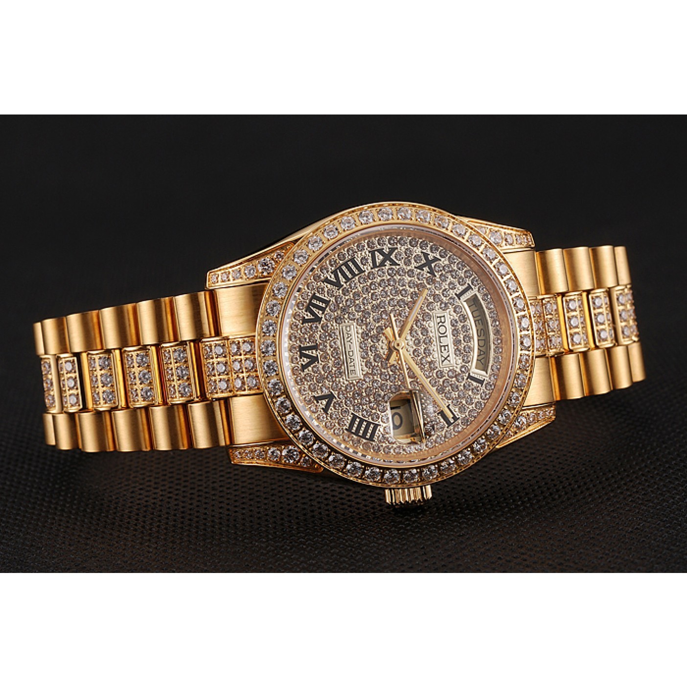 RepTime Watches Swiss Rolex Day-Date Diamond Pave Dial Gold Diamond Bracelet 1453956