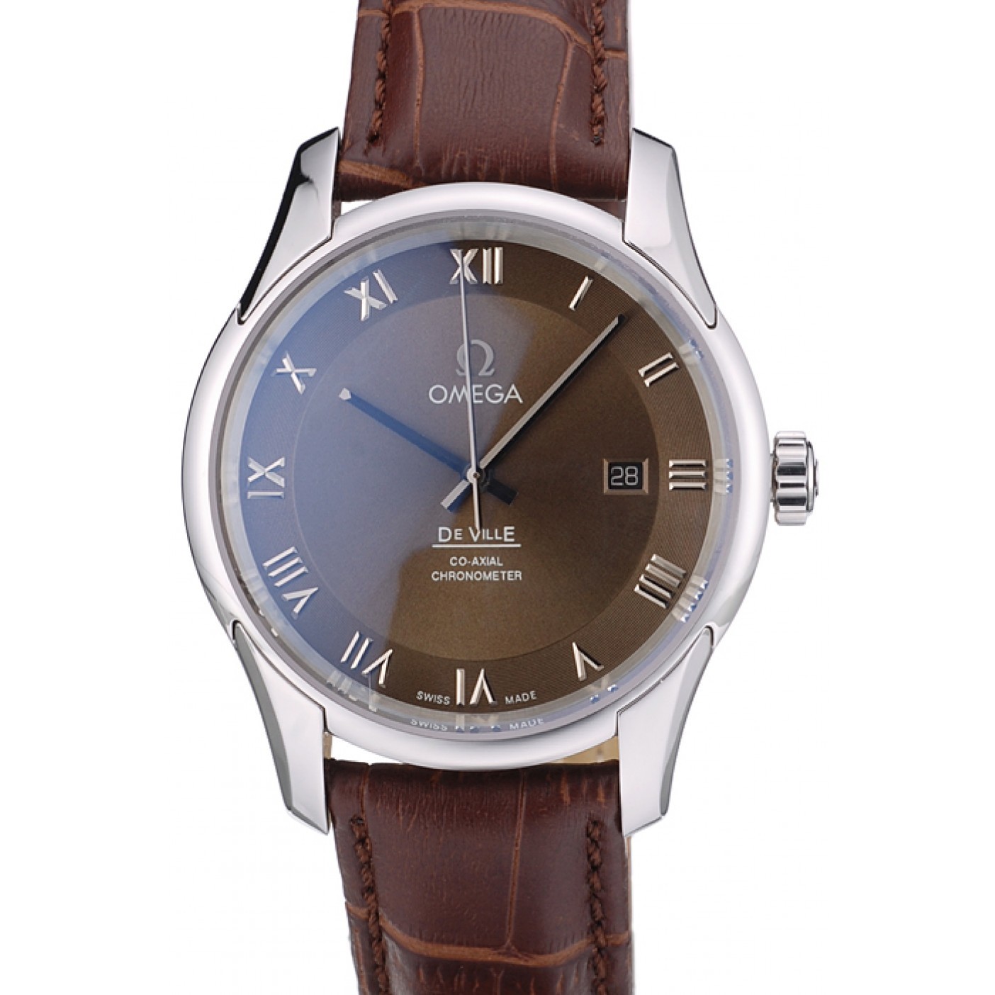 Omega Swiss DeVille Stainless Steel Bezel Brown Leather Strap 7619