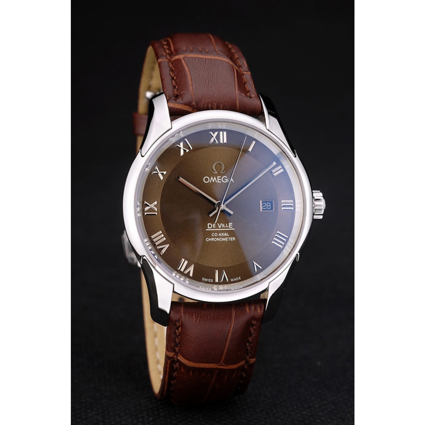 Omega Swiss DeVille Stainless Steel Bezel Brown Leather Strap 7619