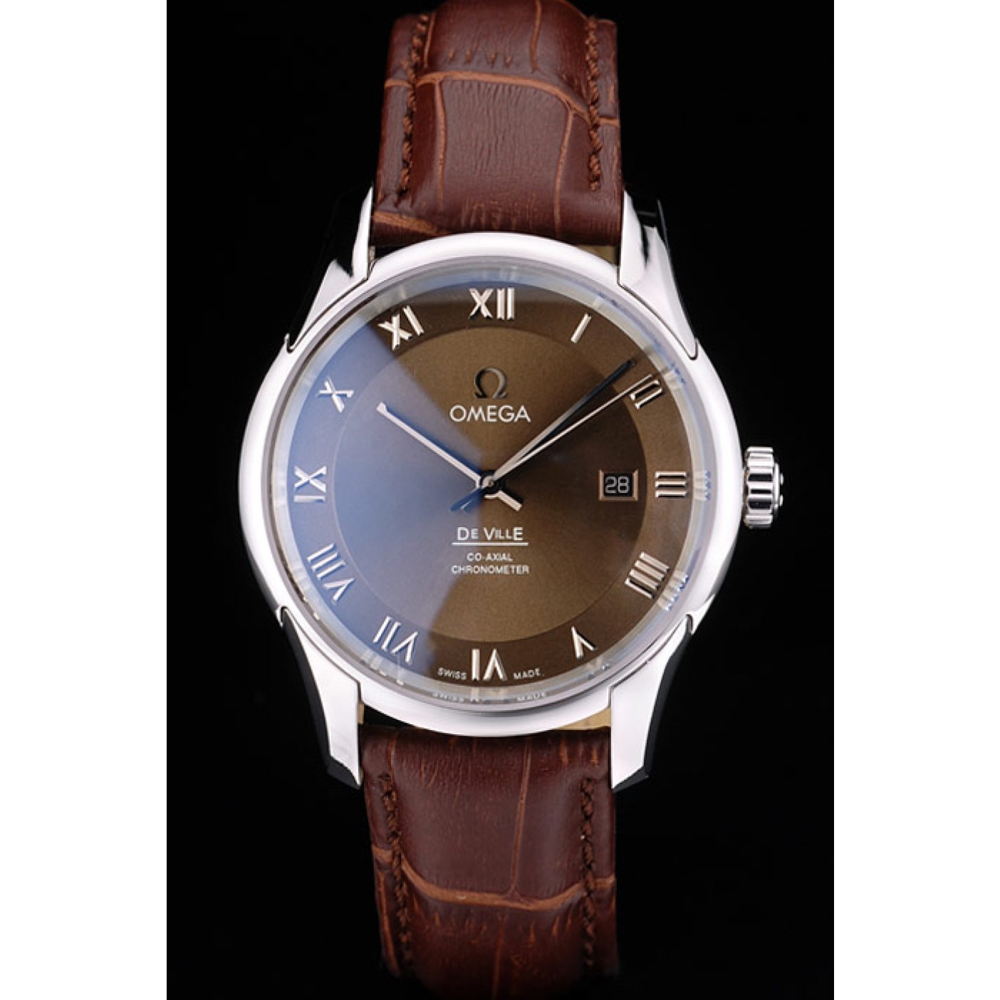 Omega Swiss DeVille Stainless Steel Bezel Brown Leather Strap 7619