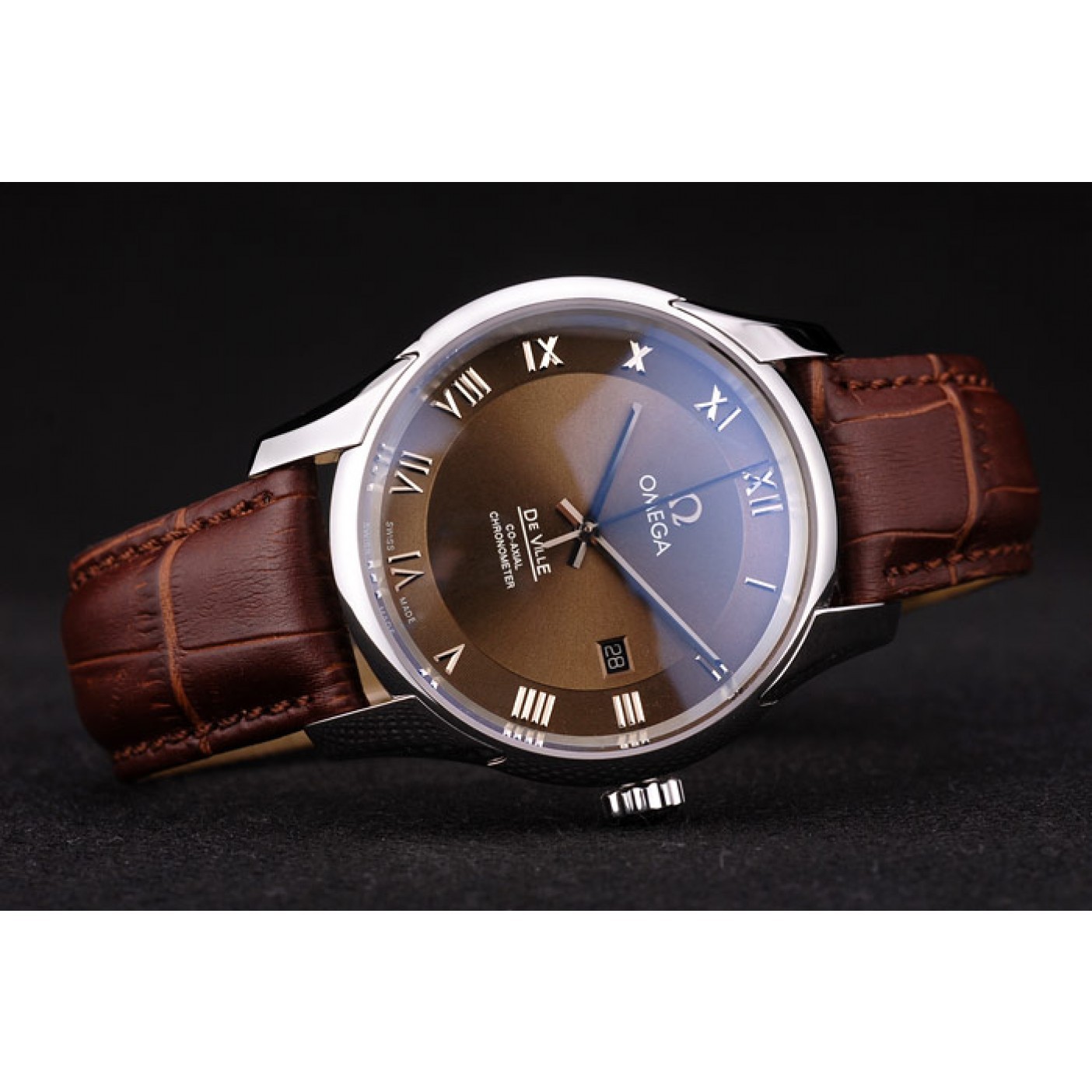 Omega Swiss DeVille Stainless Steel Bezel Brown Leather Strap 7619