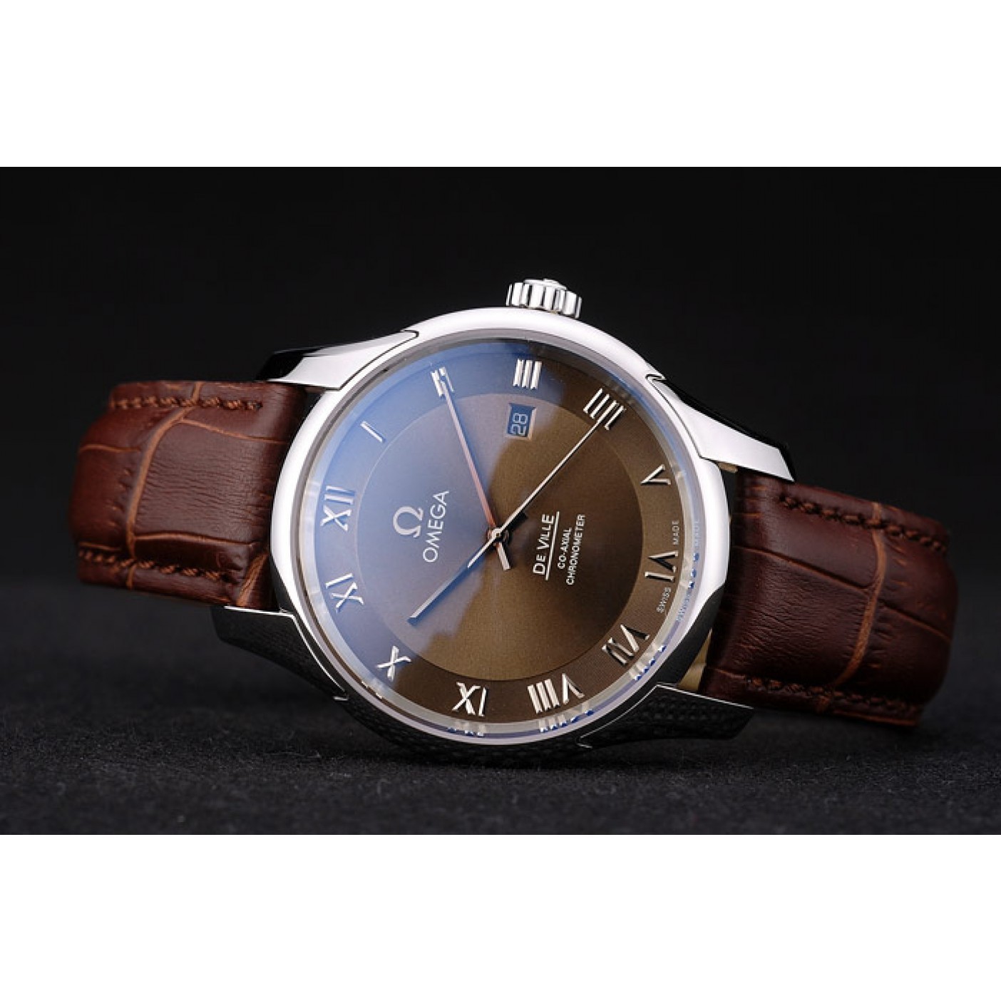 Omega Swiss DeVille Stainless Steel Bezel Brown Leather Strap 7619