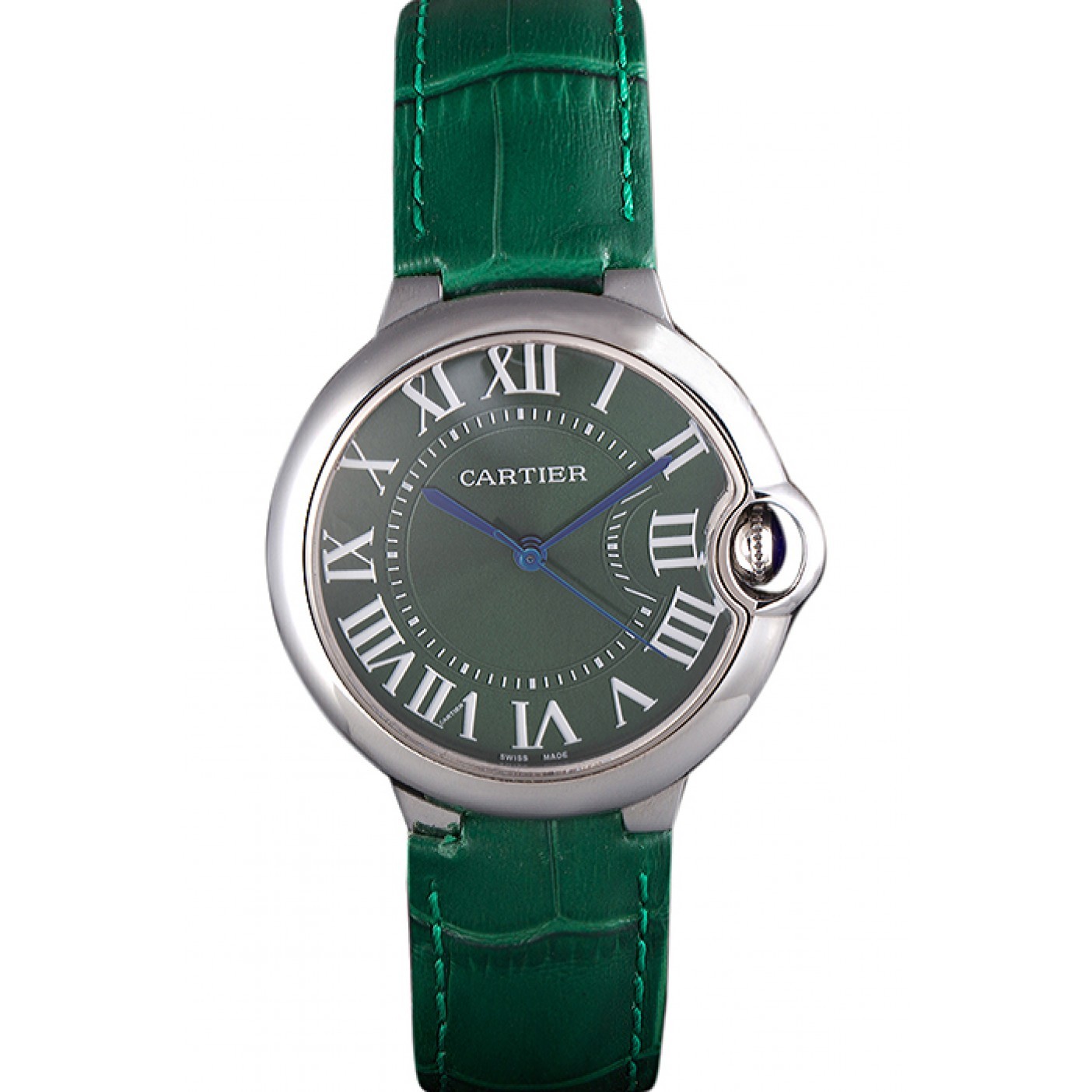 Cartier Ballon Bleu Silver Bezel with Green Dial and Green Leather Band 621553