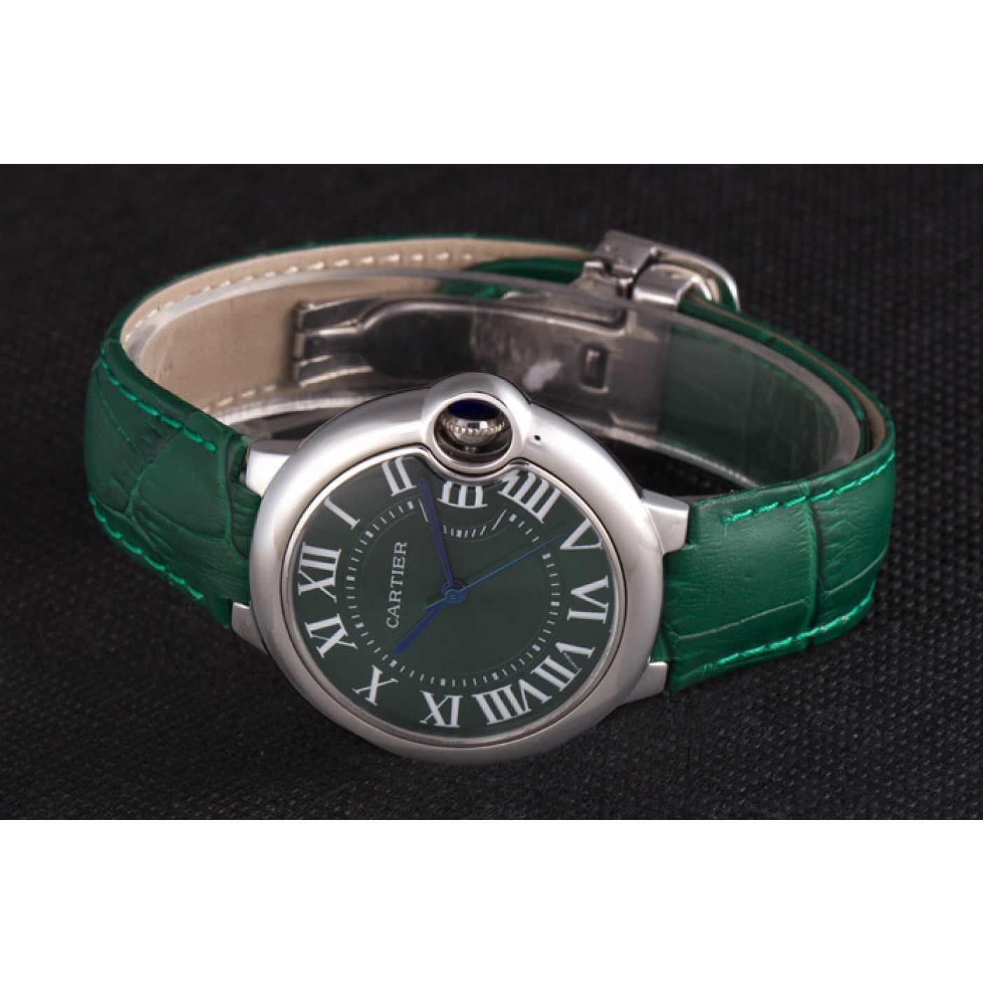 Cartier Ballon Bleu Silver Bezel with Green Dial and Green Leather Band 621553