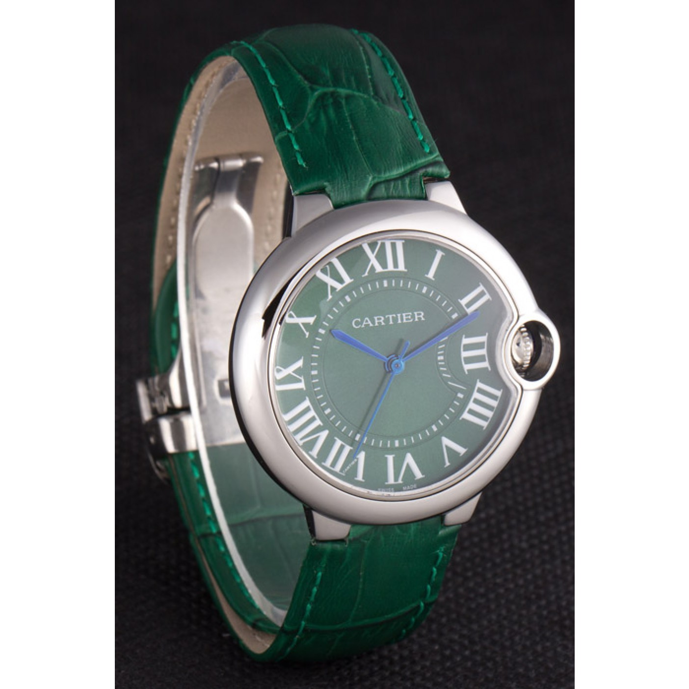 Cartier Ballon Bleu Silver Bezel with Green Dial and Green Leather Band 621553