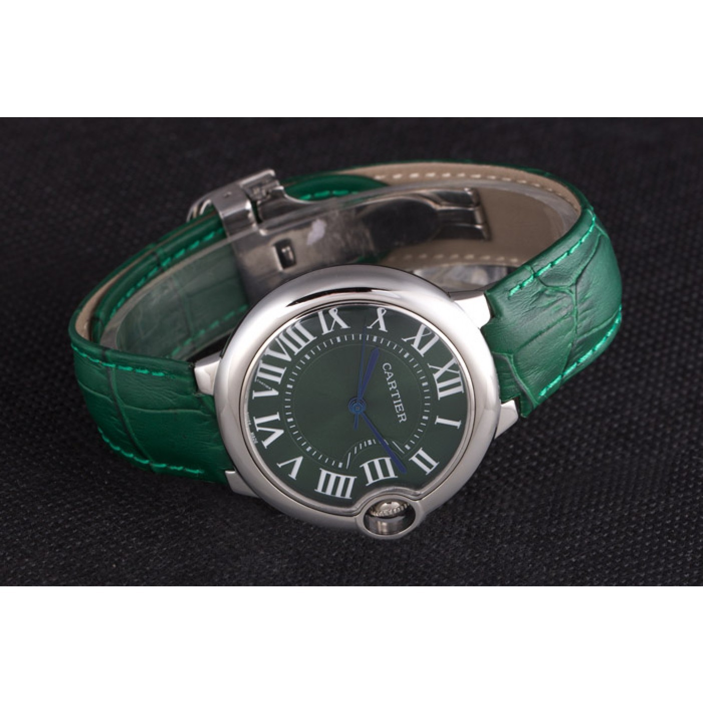 Cartier Ballon Bleu Silver Bezel with Green Dial and Green Leather Band 621553