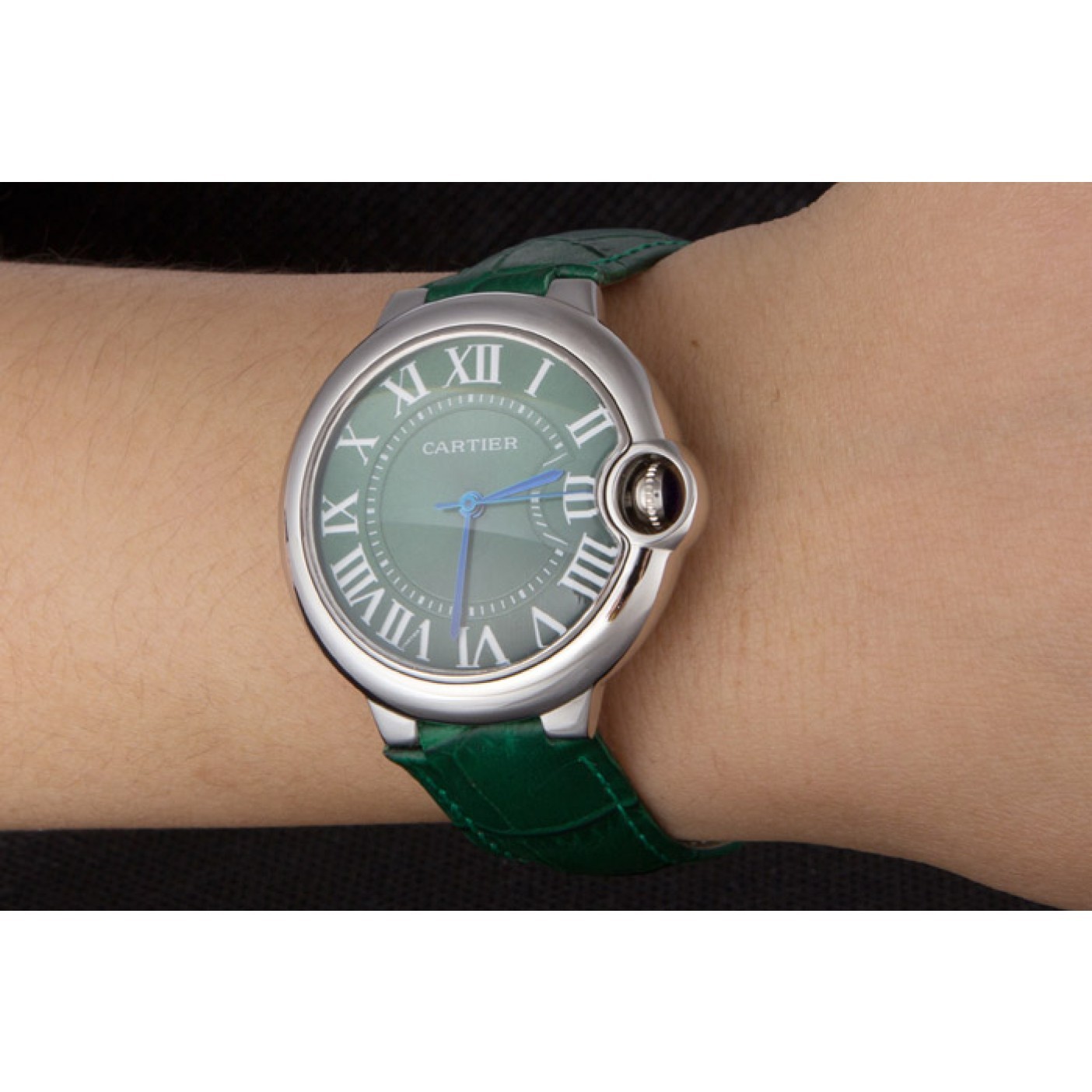 Cartier Ballon Bleu Silver Bezel with Green Dial and Green Leather Band 621553