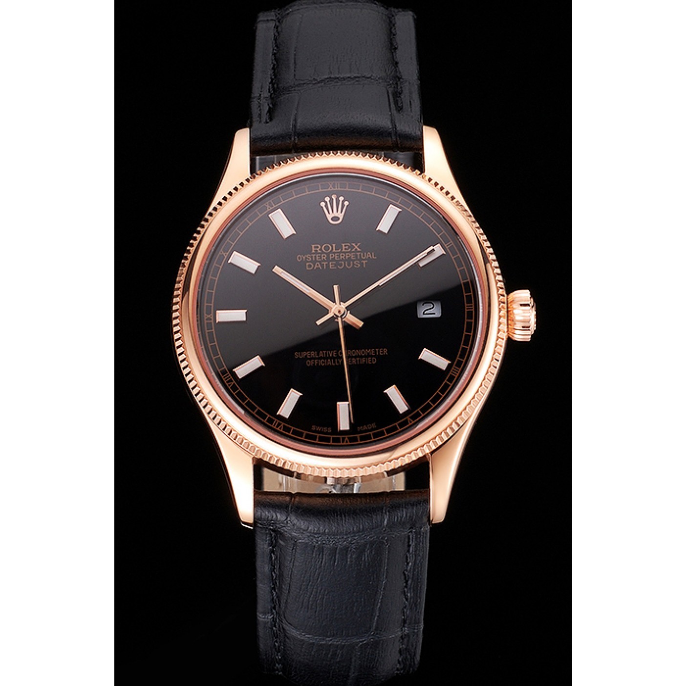 RepTime Watches Swiss Rolex Datejust Black Dial Rose Gold Case Black Leather Strap