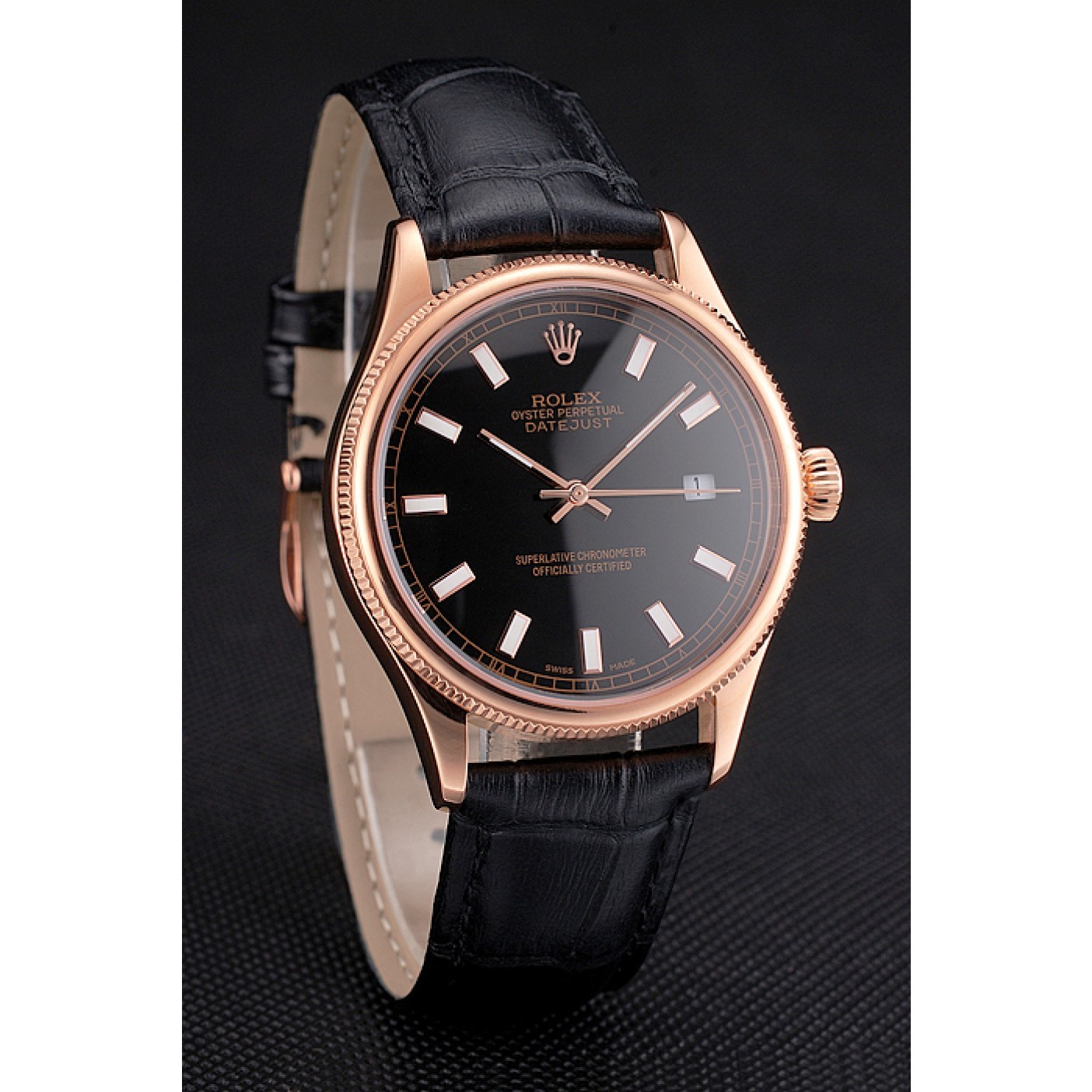 Swiss Rolex Datejust Black Dial Rose Gold Case Black Leather Strap