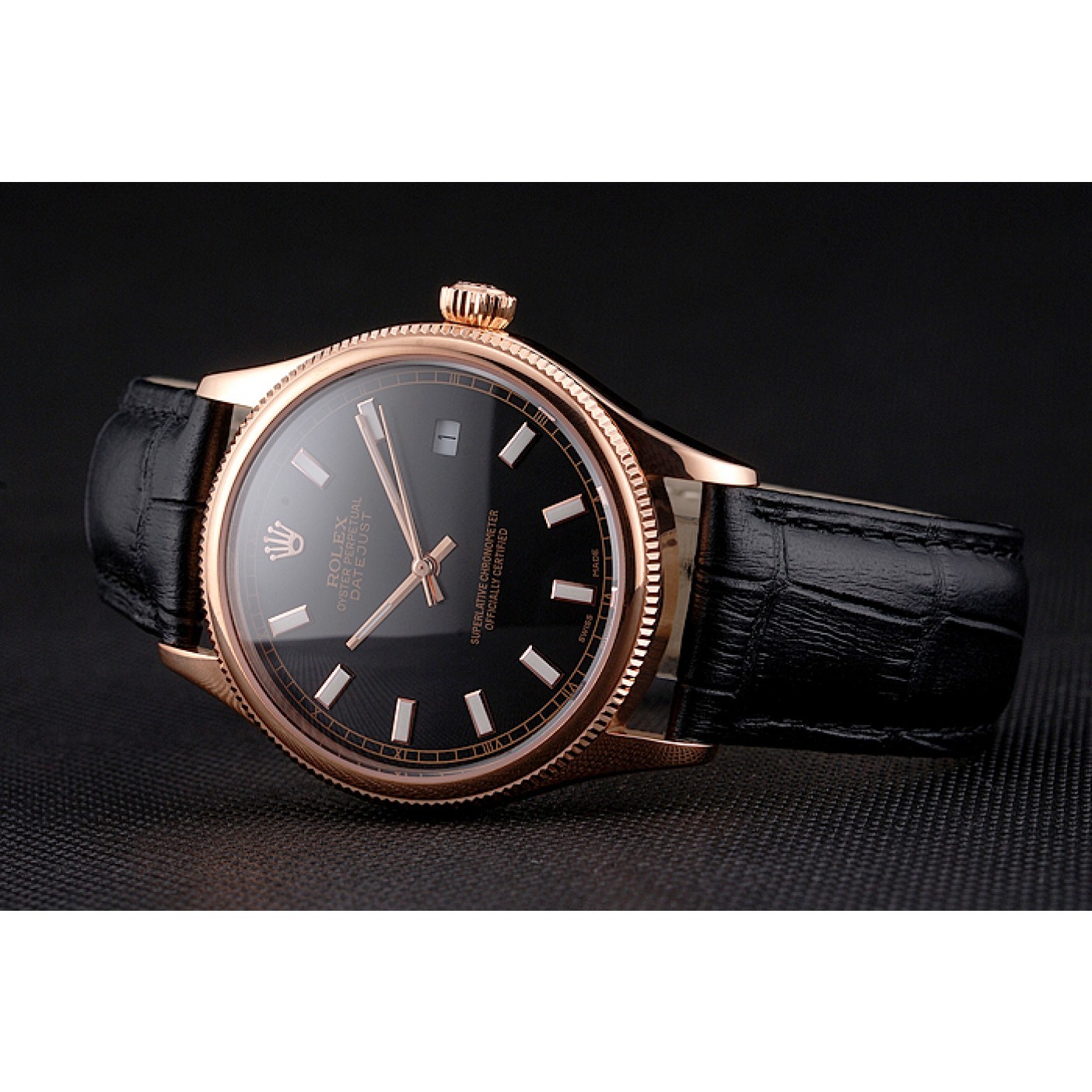 Swiss Rolex Datejust Black Dial Rose Gold Case Black Leather Strap