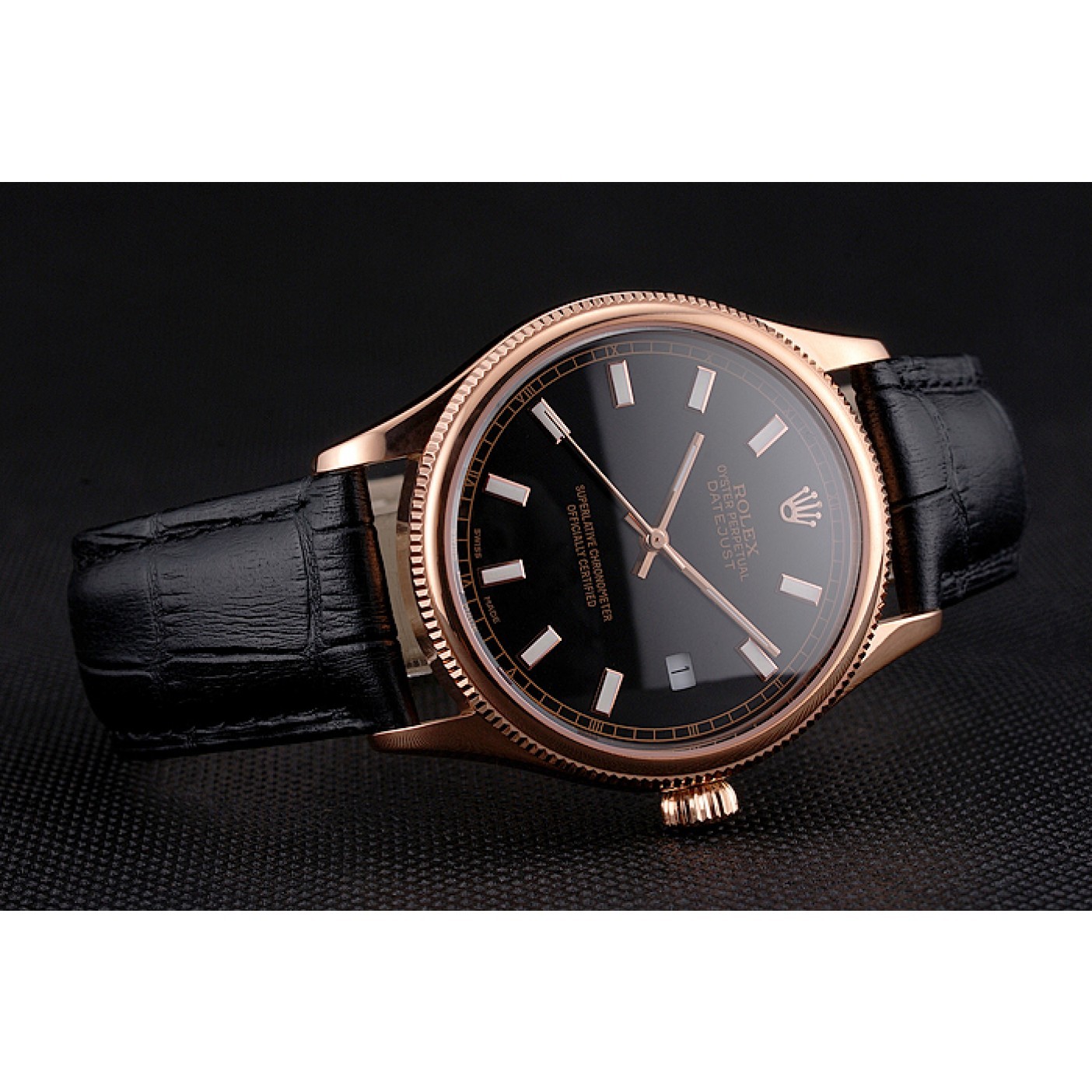 Swiss Rolex Datejust Black Dial Rose Gold Case Black Leather Strap