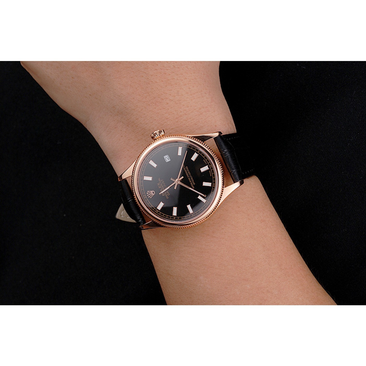 Swiss Rolex Datejust Black Dial Rose Gold Case Black Leather Strap