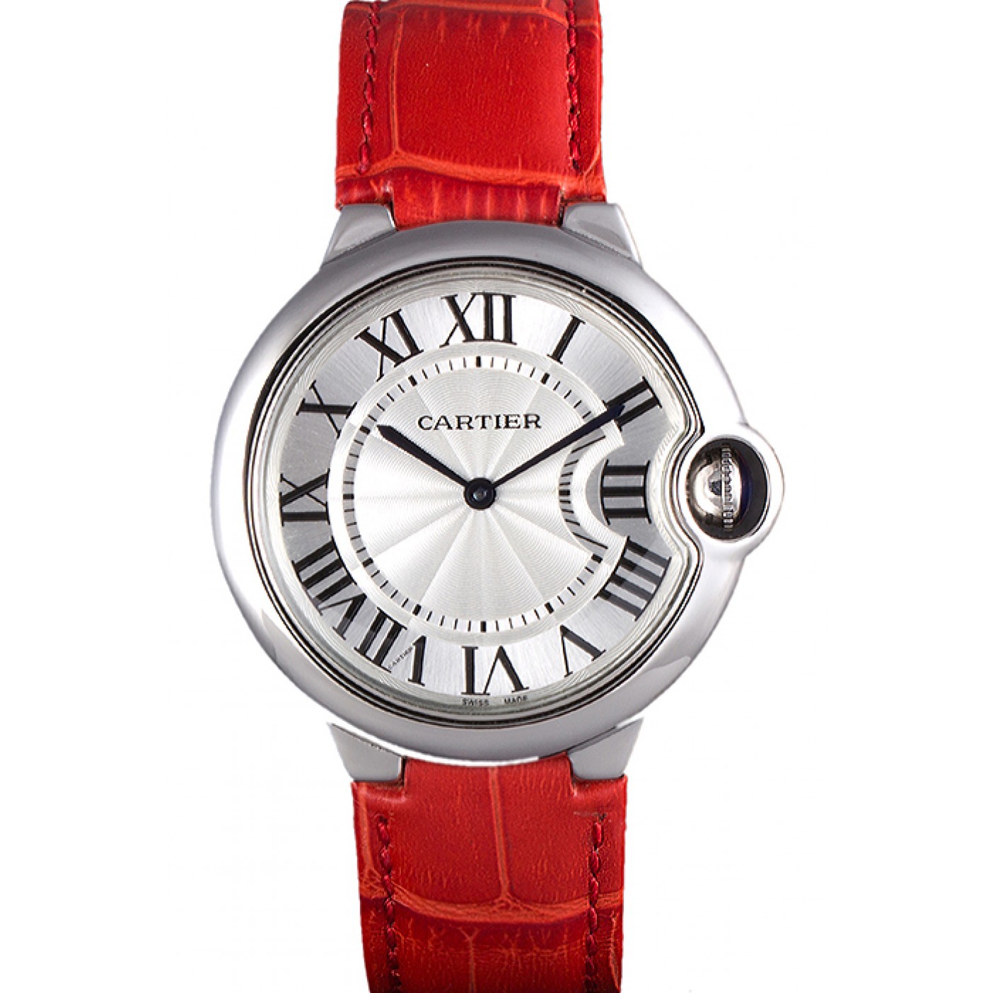 Cartier Ballon Bleu Silver Bezel with White Dial Red Leather Band 621551