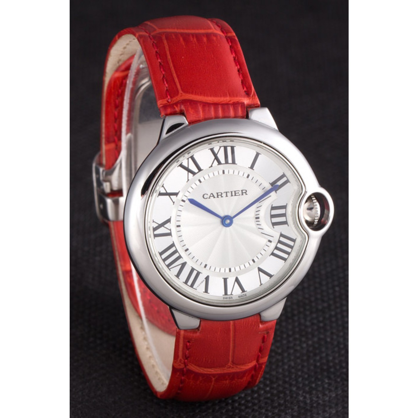 Cartier Ballon Bleu Silver Bezel with White Dial Red Leather Band 621551