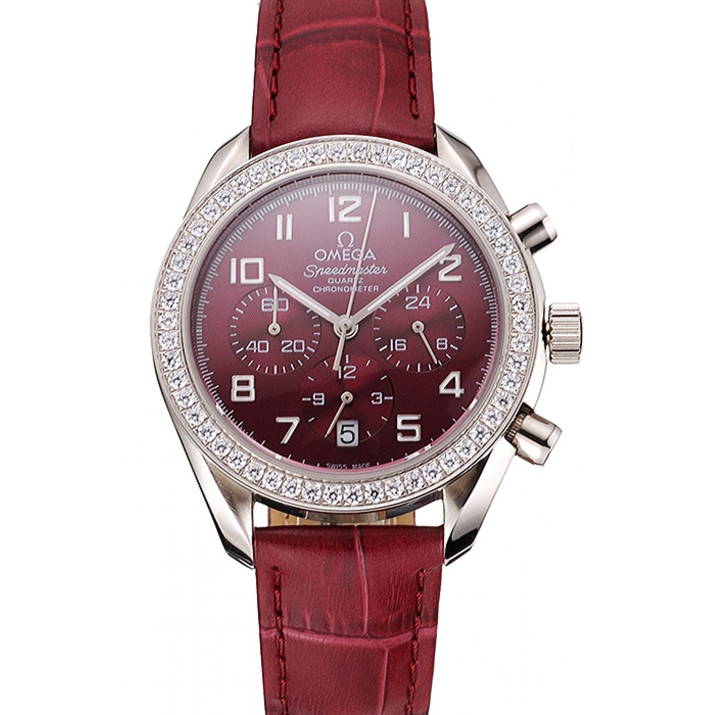 Omega Speedmaster Burgundy Dial Stainless Steel Case Diamond Bezel Burgundy Leather Strap