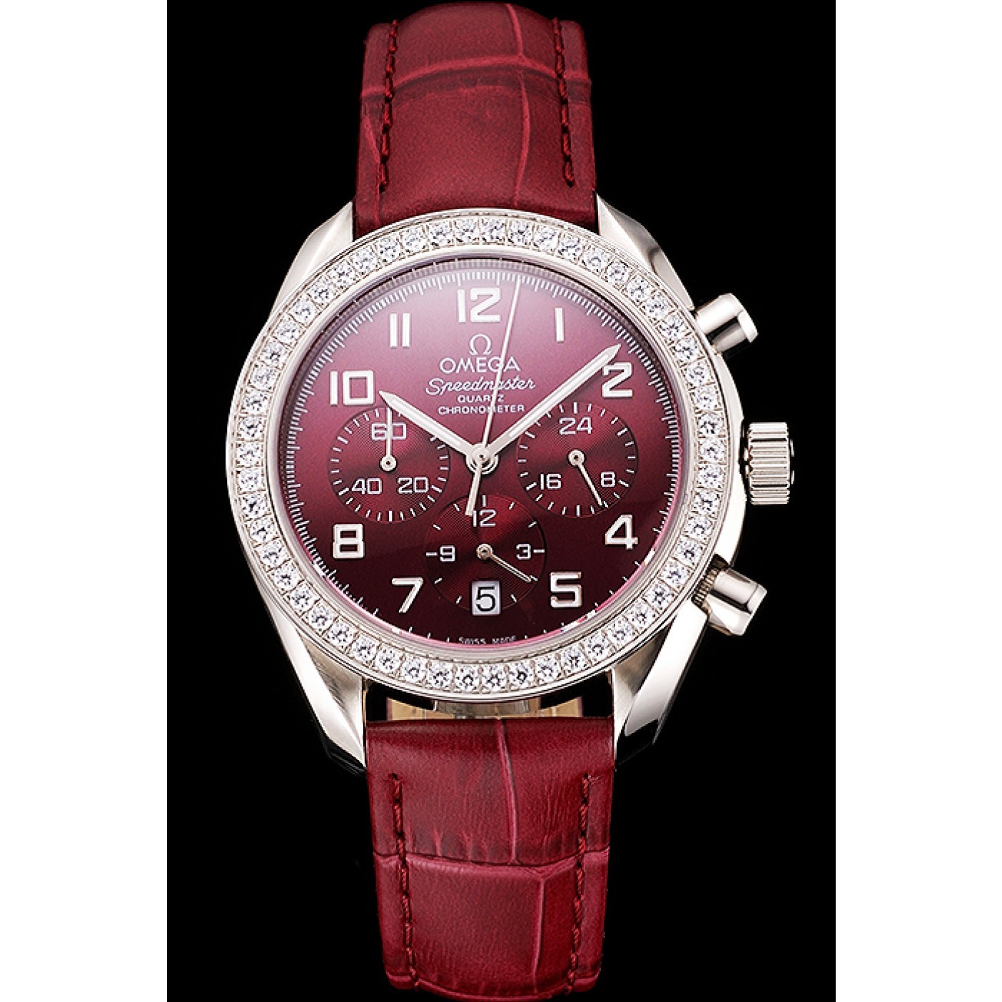 Omega Speedmaster Burgundy Dial Stainless Steel Case Diamond Bezel Burgundy Leather Strap