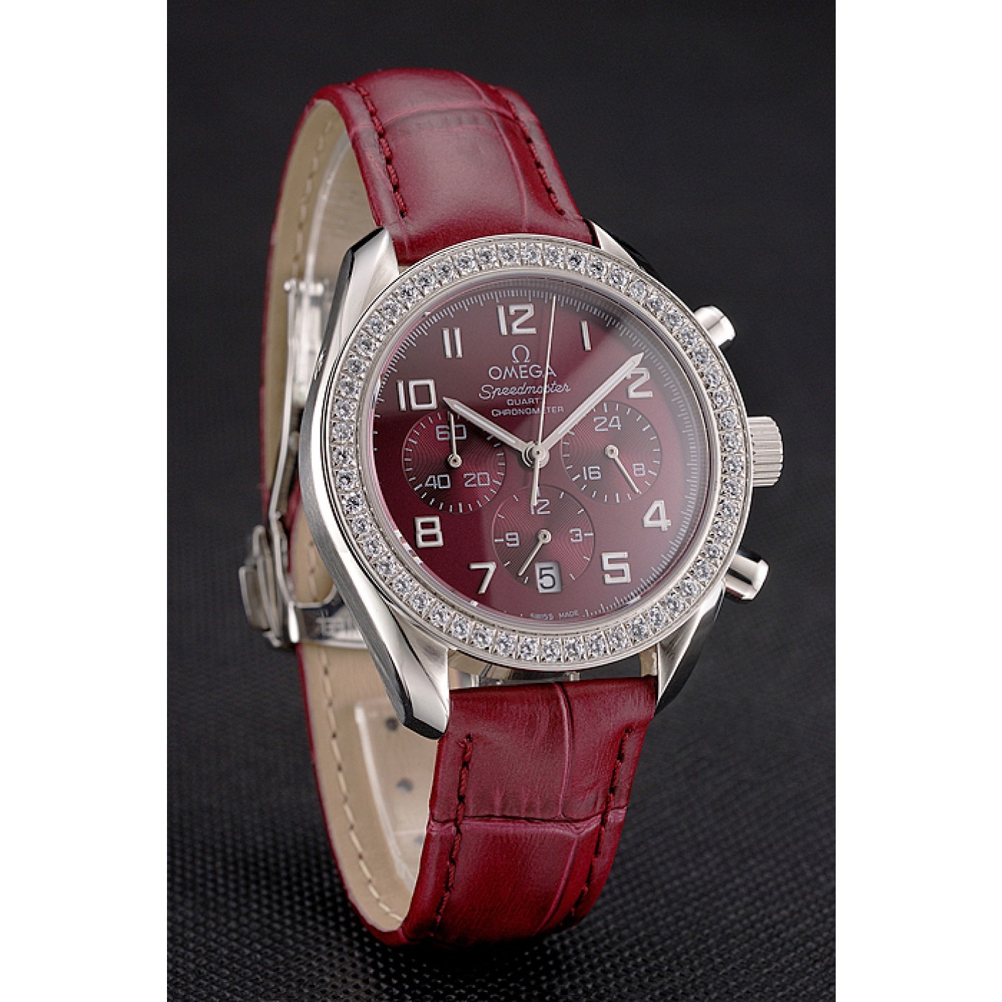 Omega Speedmaster Burgundy Dial Stainless Steel Case Diamond Bezel Burgundy Leather Strap