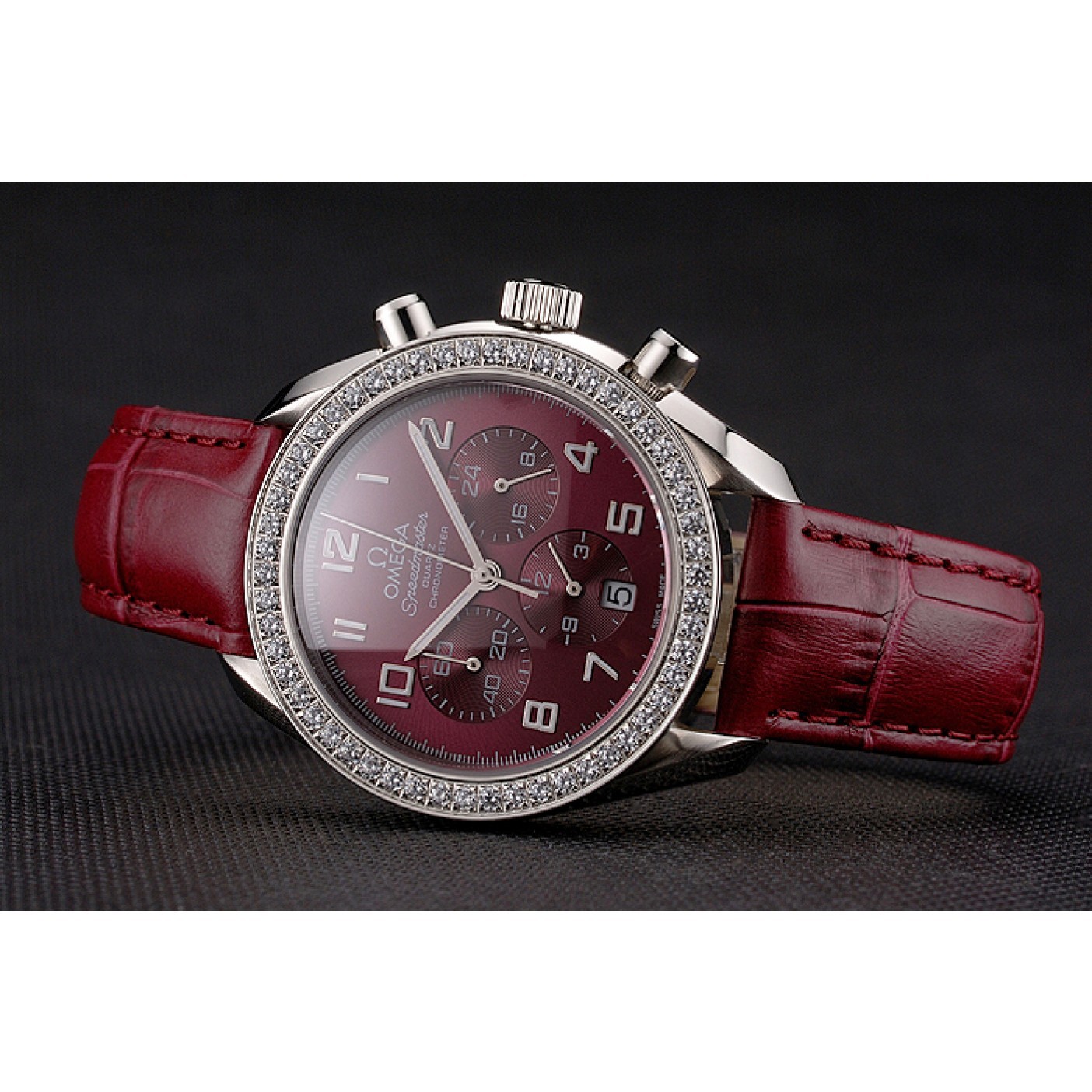 Omega Speedmaster Burgundy Dial Stainless Steel Case Diamond Bezel Burgundy Leather Strap