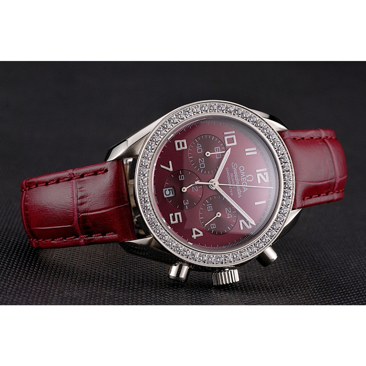 Omega Speedmaster Burgundy Dial Stainless Steel Case Diamond Bezel Burgundy Leather Strap