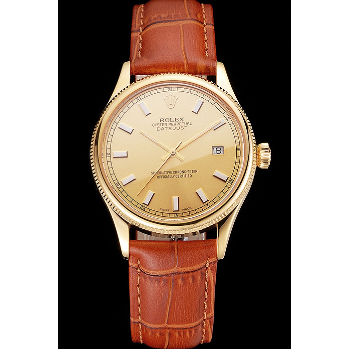 Swiss Rolex Datejust Gold Dial Gold Case Light Brown Leather Strap