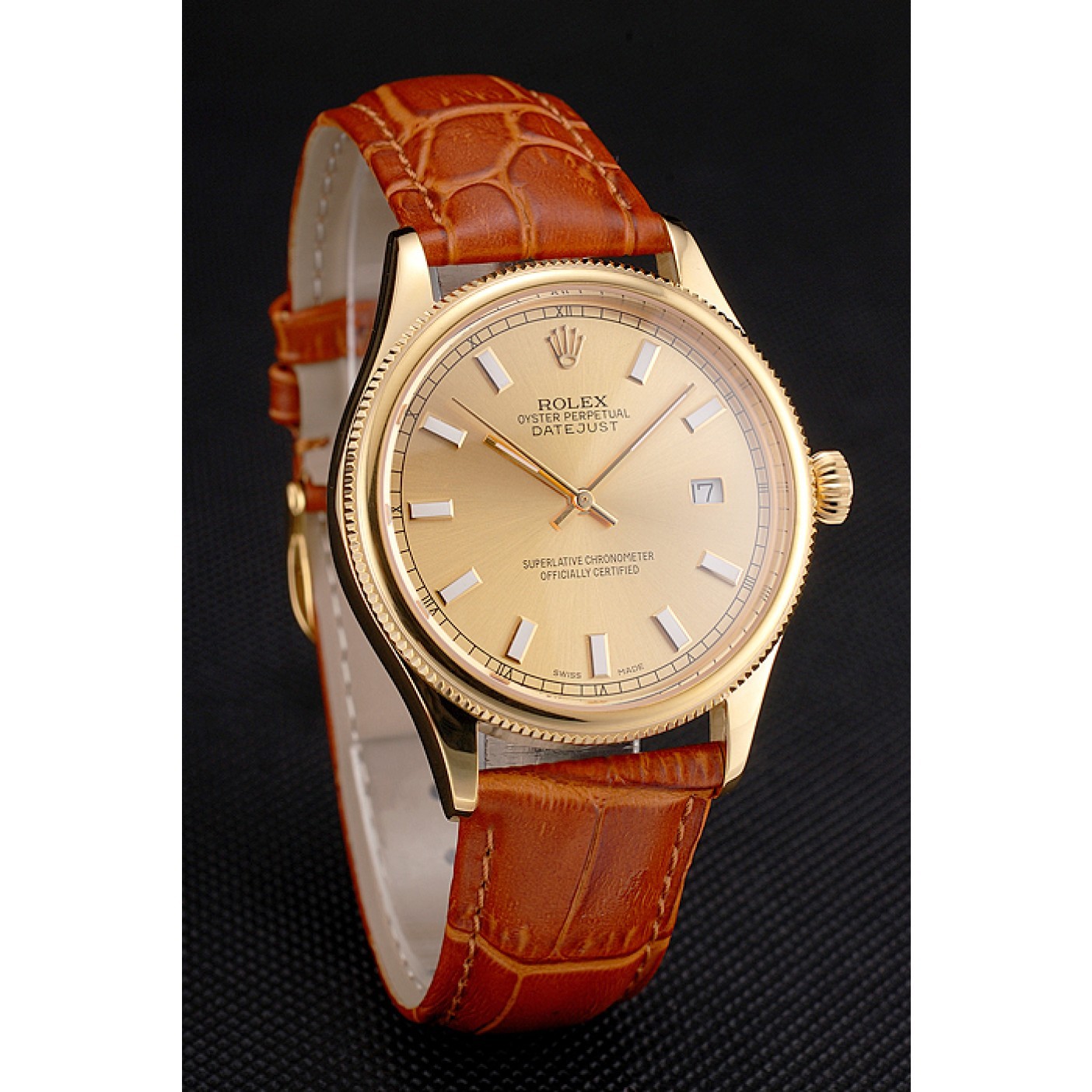 RepTime Watches Swiss Rolex Datejust Gold Dial Gold Case Light Brown Leather Strap