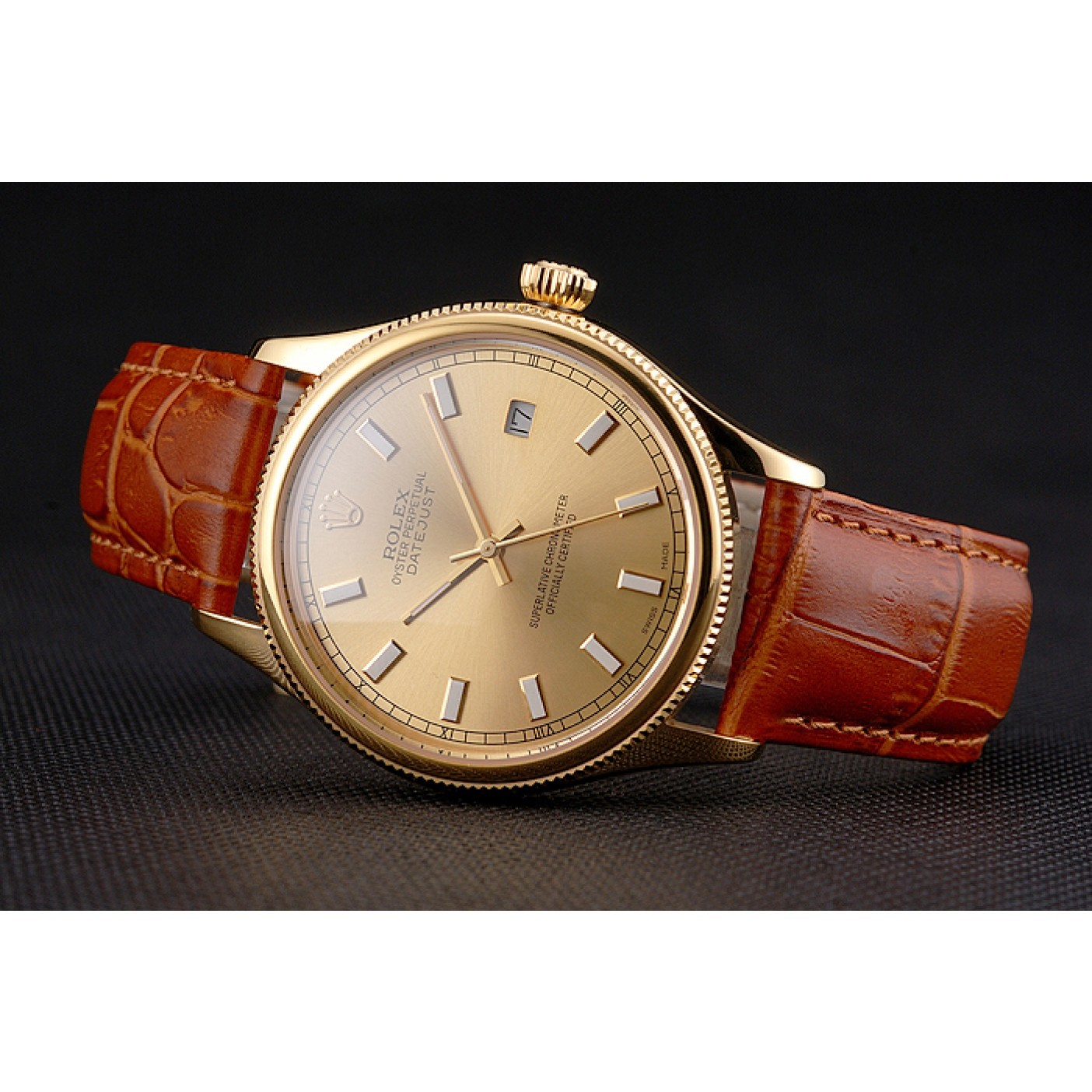 Swiss Rolex Datejust Gold Dial Gold Case Light Brown Leather Strap