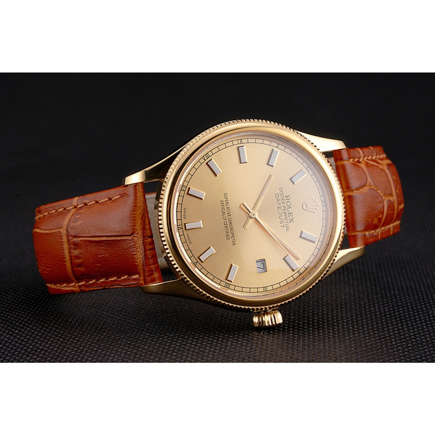 RepTime Watches Swiss Rolex Datejust Gold Dial Gold Case Light Brown Leather Strap