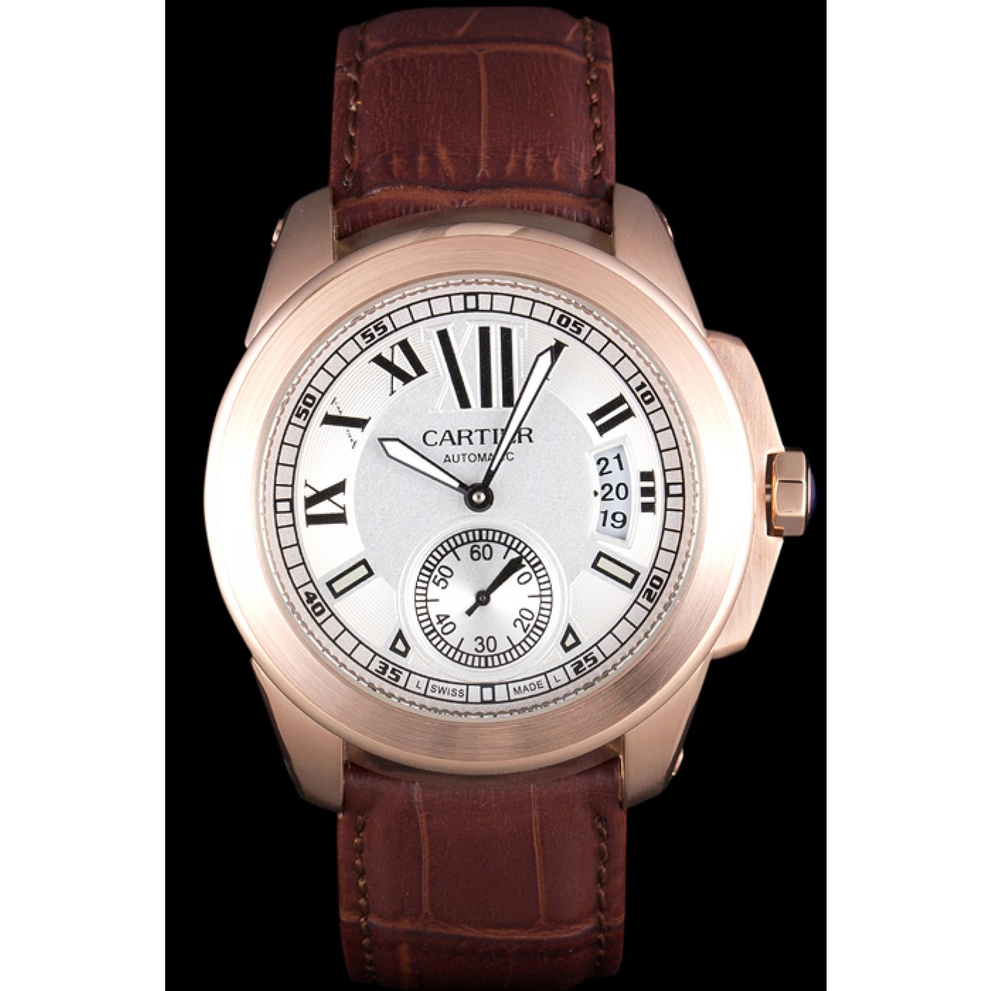 Cartier Calibre White Dial Gold Case Brown Leather Bracelet