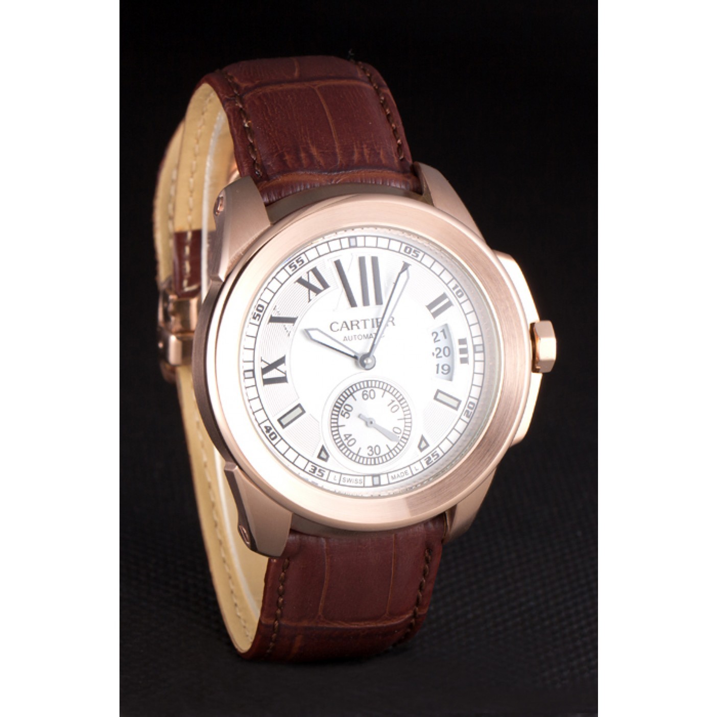 Cartier Calibre White Dial Gold Case Brown Leather Bracelet