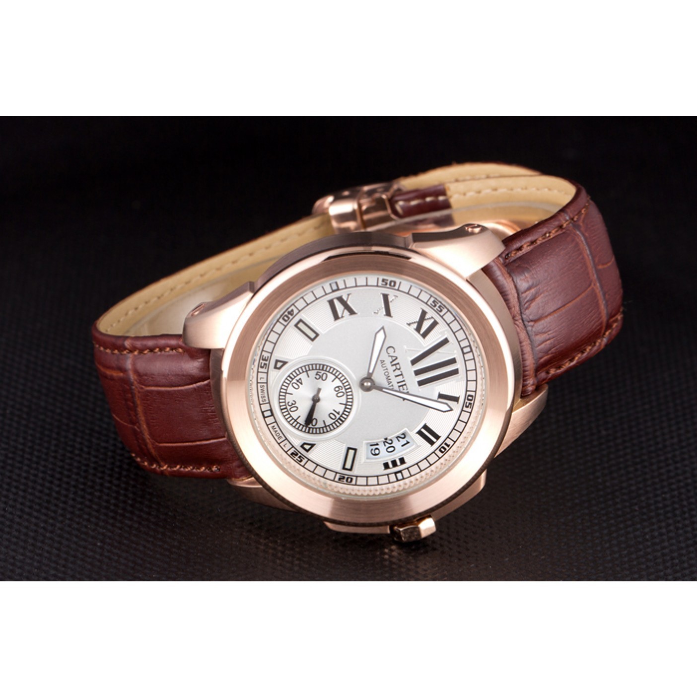 Cartier Calibre White Dial Gold Case Brown Leather Bracelet