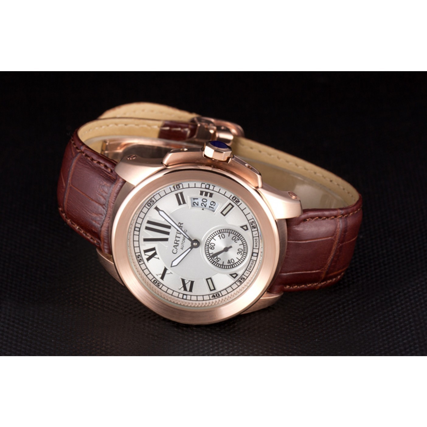 Cartier Calibre White Dial Gold Case Brown Leather Bracelet