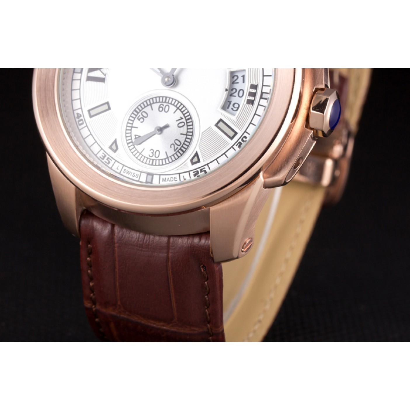 Cartier Calibre White Dial Gold Case Brown Leather Bracelet