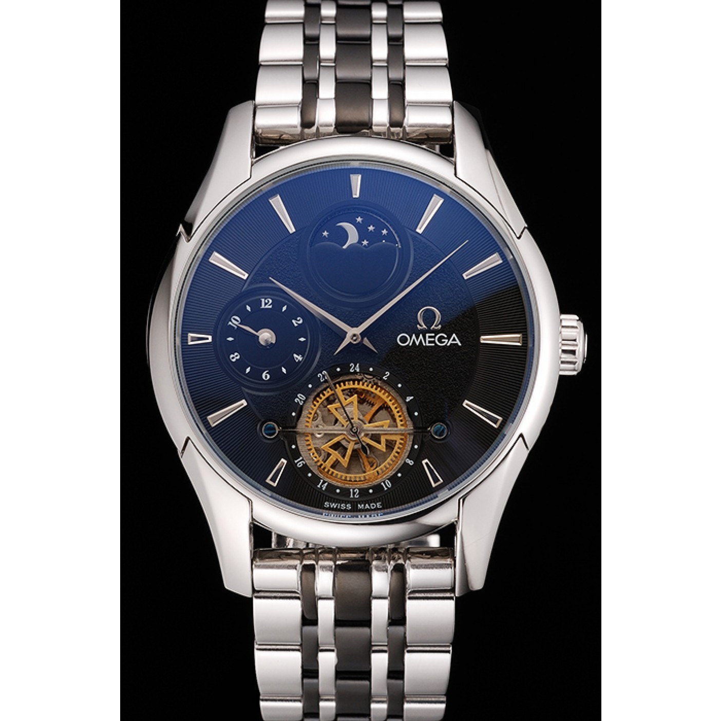 Omega De Ville Moonphase Tourbillon Black Dial Stainless Steel Case Two Tone Black Steel Bracelet