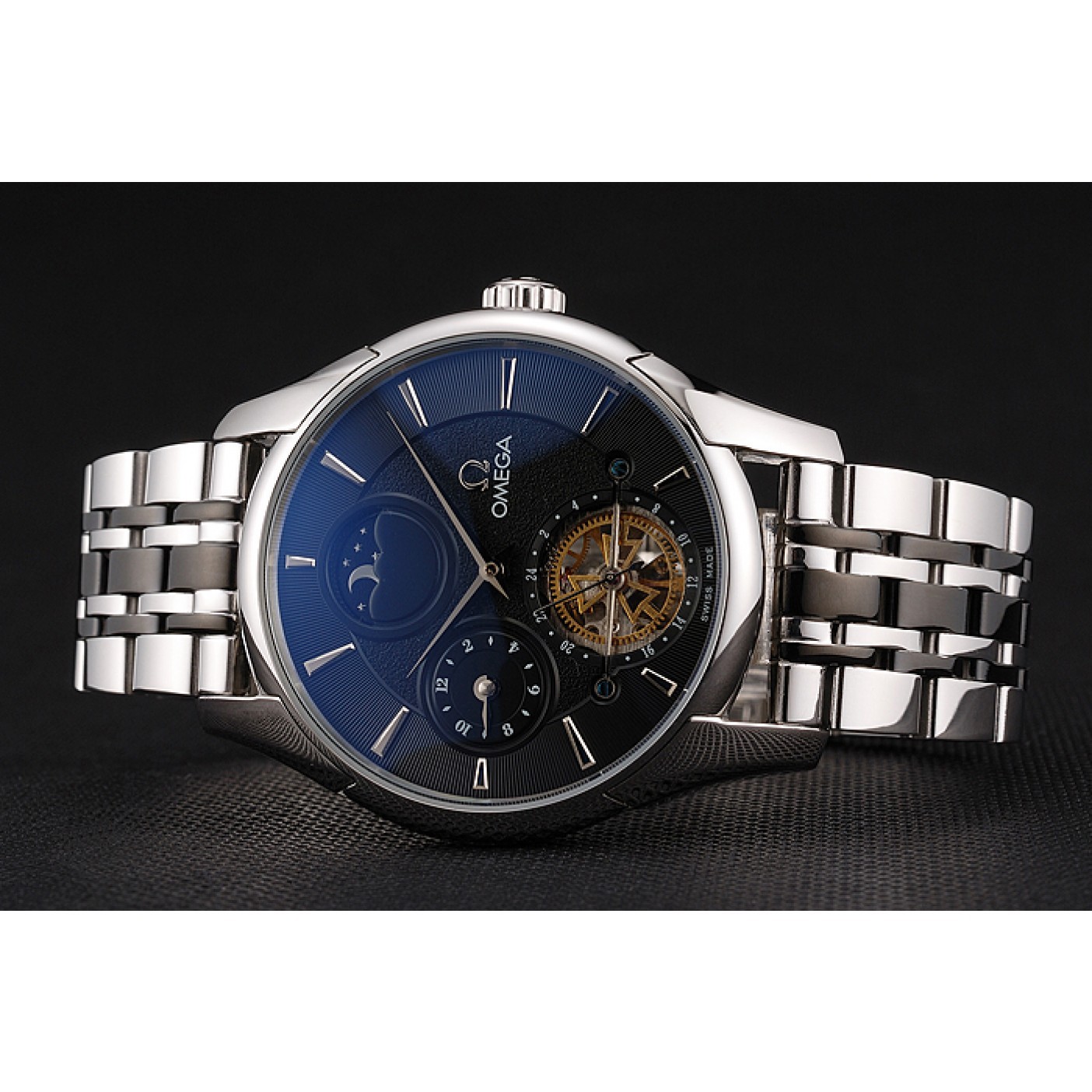 Omega De Ville Moonphase Tourbillon Black Dial Stainless Steel Case Two Tone Black Steel Bracelet