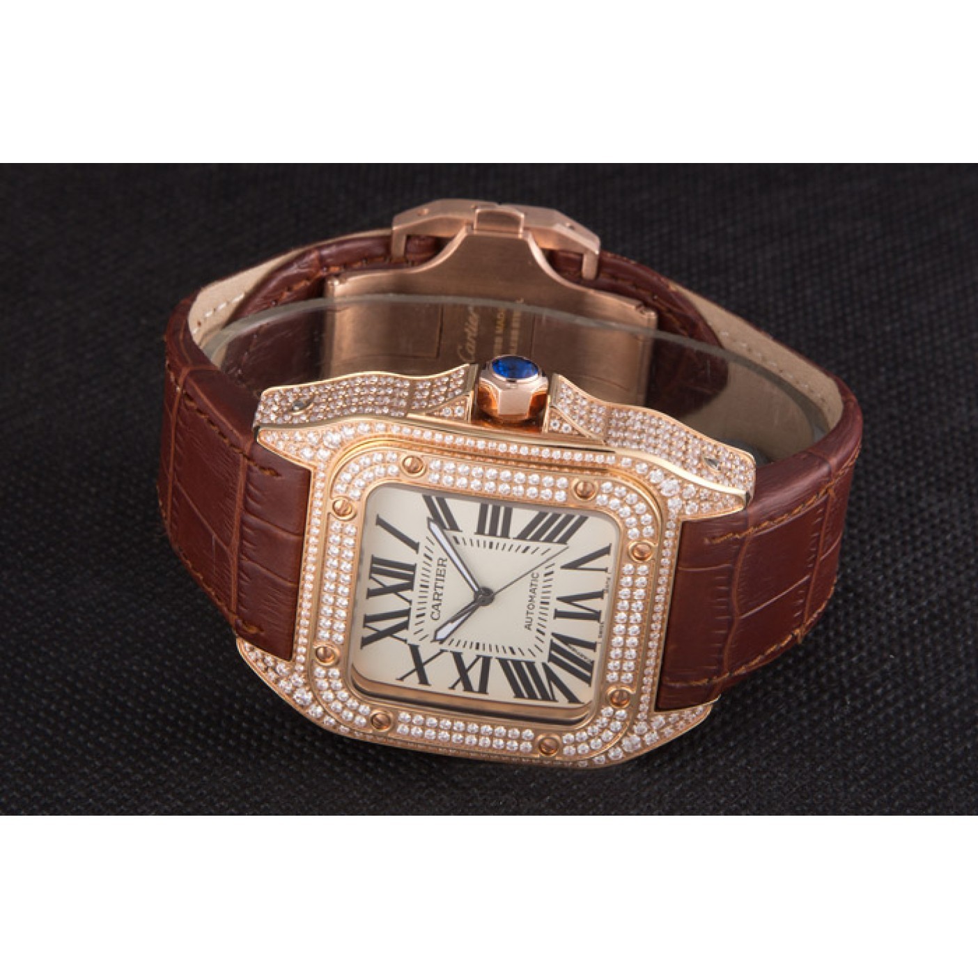 Swiss Cartier Santos Rose Gold Bezel with Diamonds and Brown Leather Strap sct46 621530