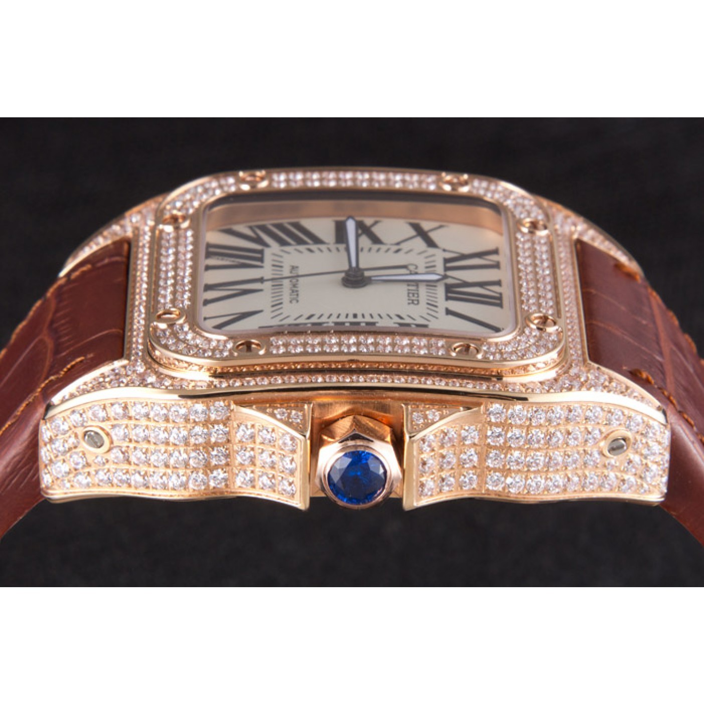 Swiss Cartier Santos Rose Gold Bezel with Diamonds and Brown Leather Strap sct46 621530