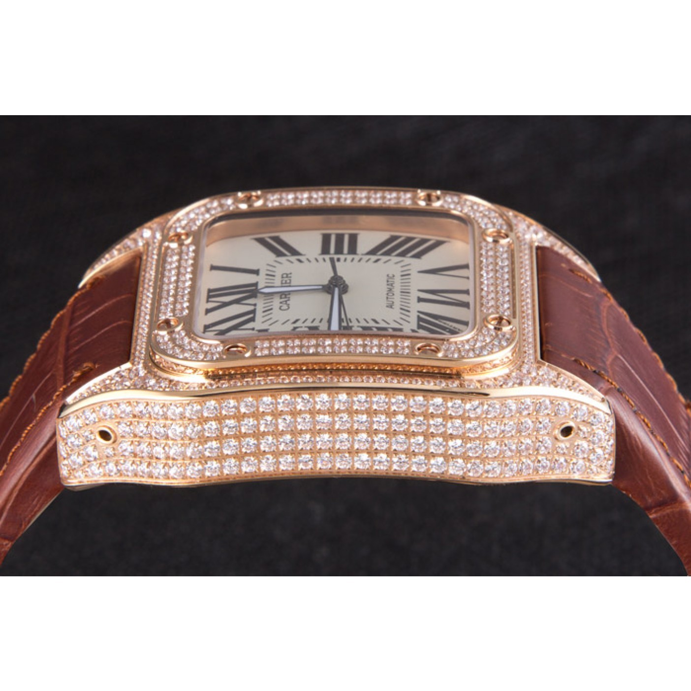 Swiss Cartier Santos Rose Gold Bezel with Diamonds and Brown Leather Strap sct46 621530