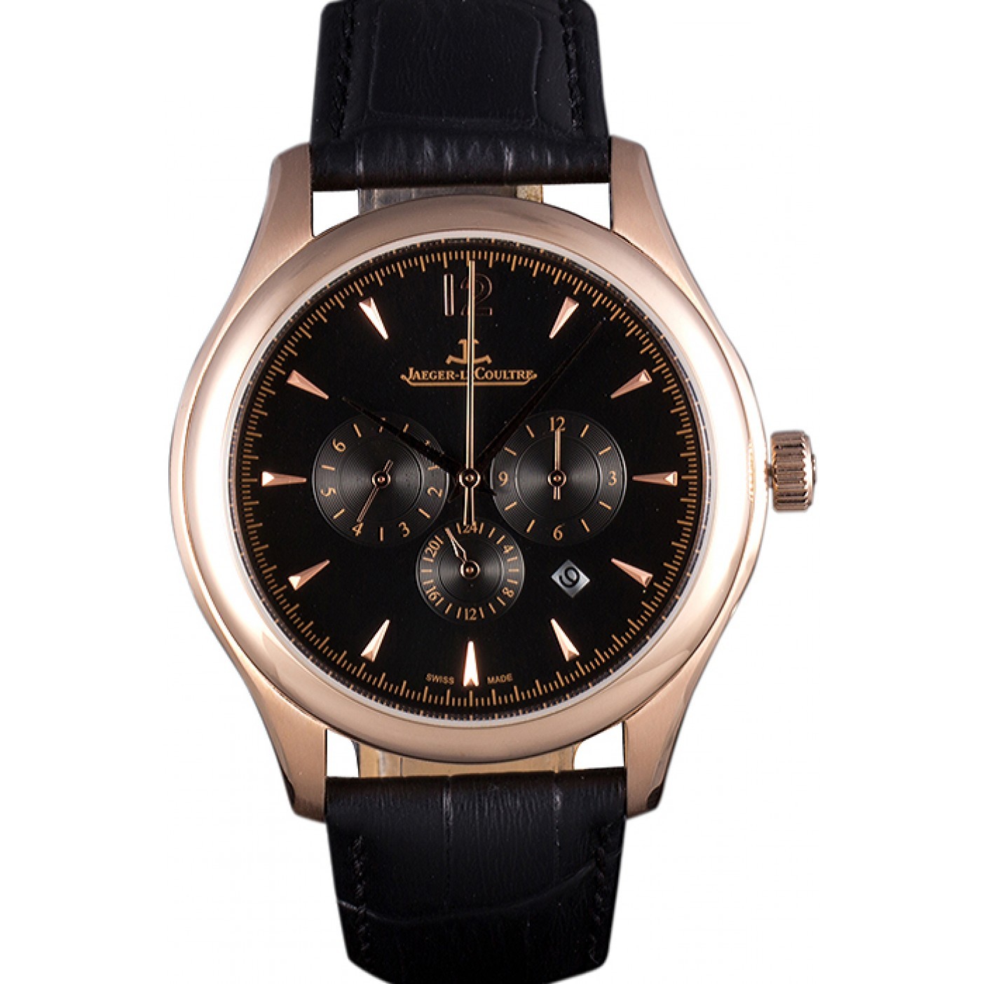 Jaeger Lecoultre Master Chronograph Gold Bezel Black Leather Band 621619