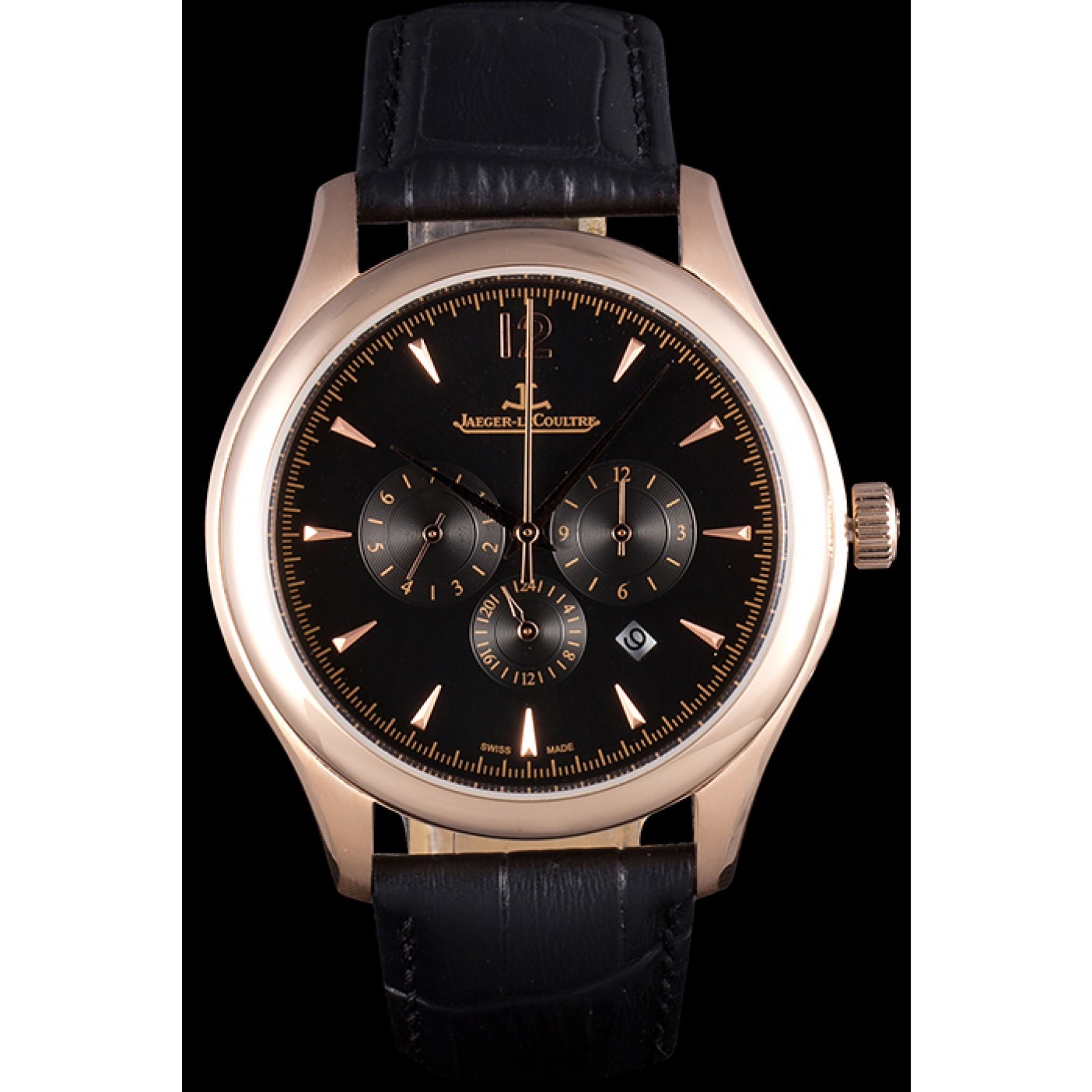 Jaeger Lecoultre Master Chronograph Gold Bezel Black Leather Band 621619