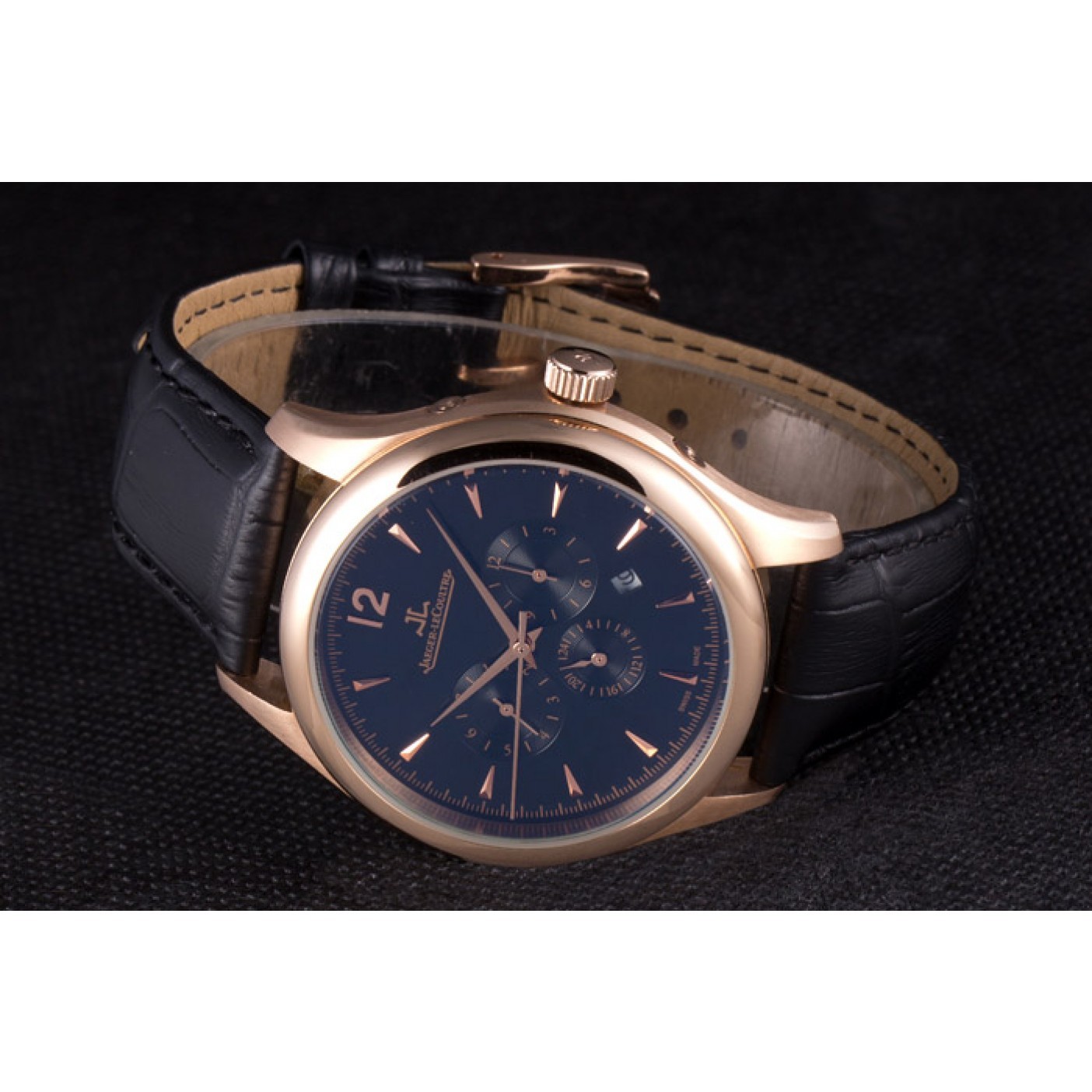 Jaeger Lecoultre Master Chronograph Gold Bezel Black Leather Band 621619