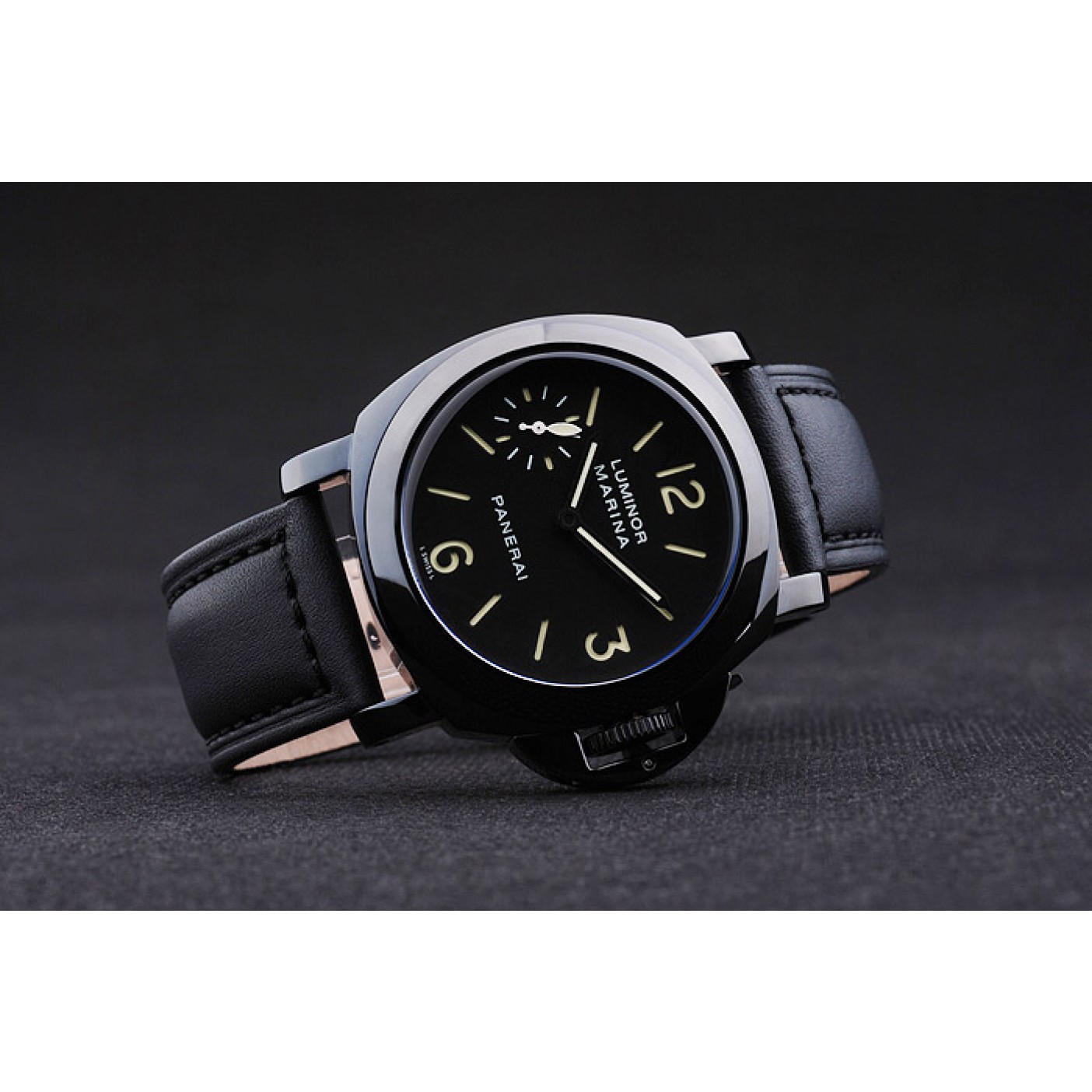 Panerai Luminor Marina Black Dial Black Stainless Steel Case Black Leather Bracelet