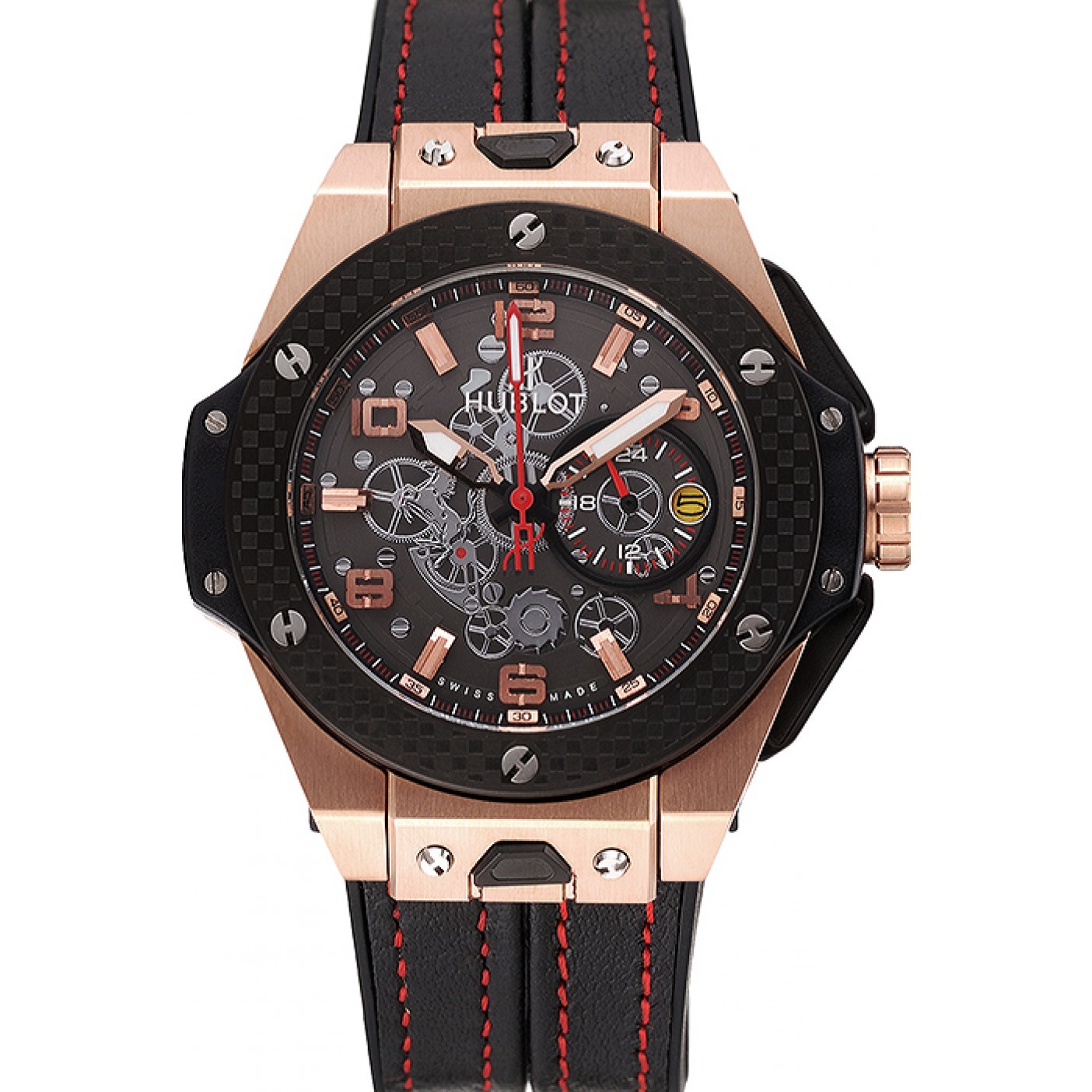 Hublot Big Bang Ferrari Silver Dial Carbon Bezel Gold Case Black Leather Strap 622769