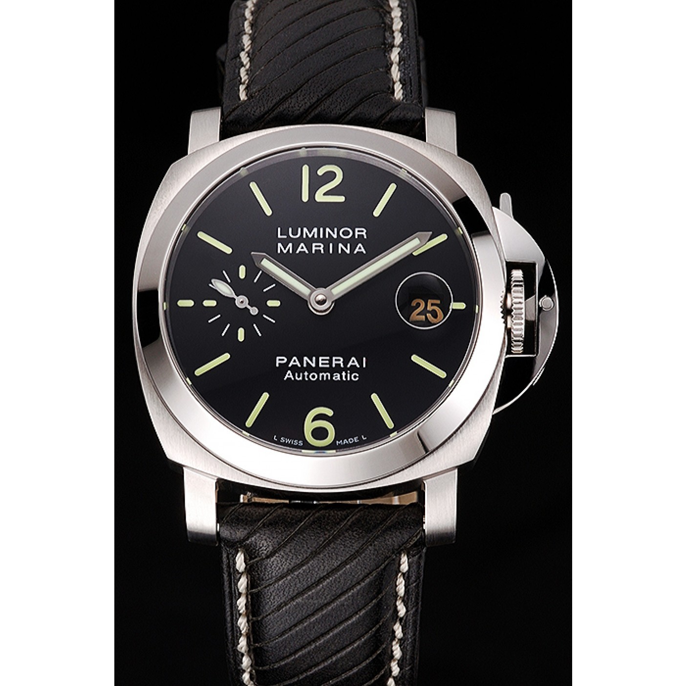 Swiss Panerai Luminor Marina Black Dial Stainless Steel Case Black Leather Strap