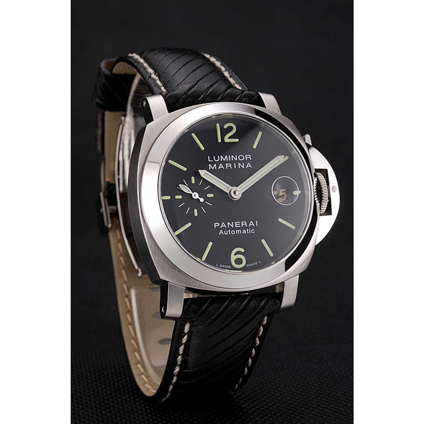 Swiss Panerai Luminor Marina Black Dial Stainless Steel Case Black Leather Strap