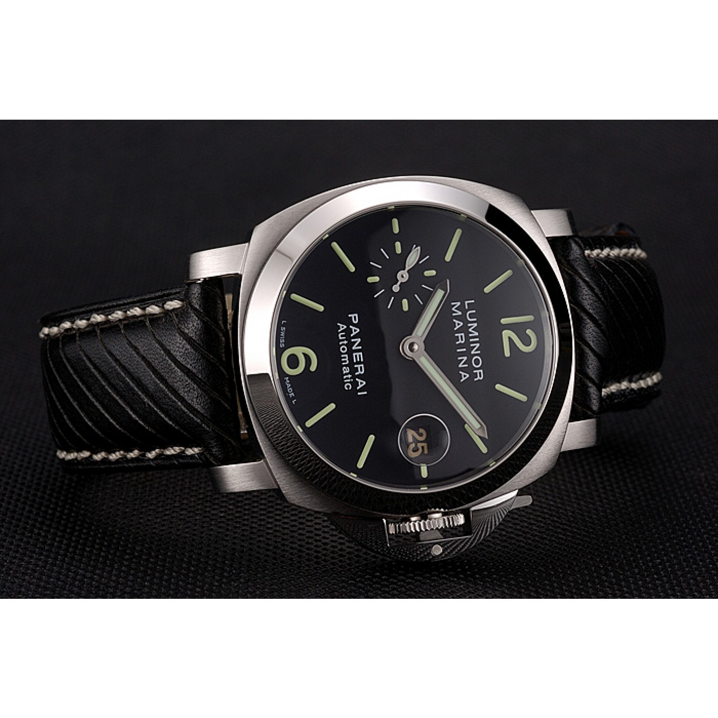 Swiss Panerai Luminor Marina Black Dial Stainless Steel Case Black Leather Strap