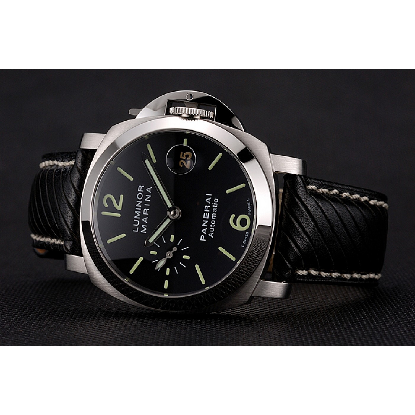 Swiss Panerai Luminor Marina Black Dial Stainless Steel Case Black Leather Strap