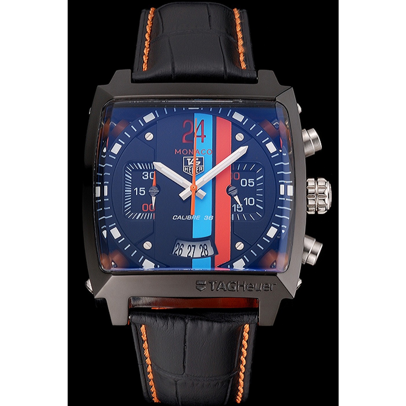 Tag Heuer Monaco Calibre 36 Blue And Orange Stripes Dial Black Leather Strap 622302