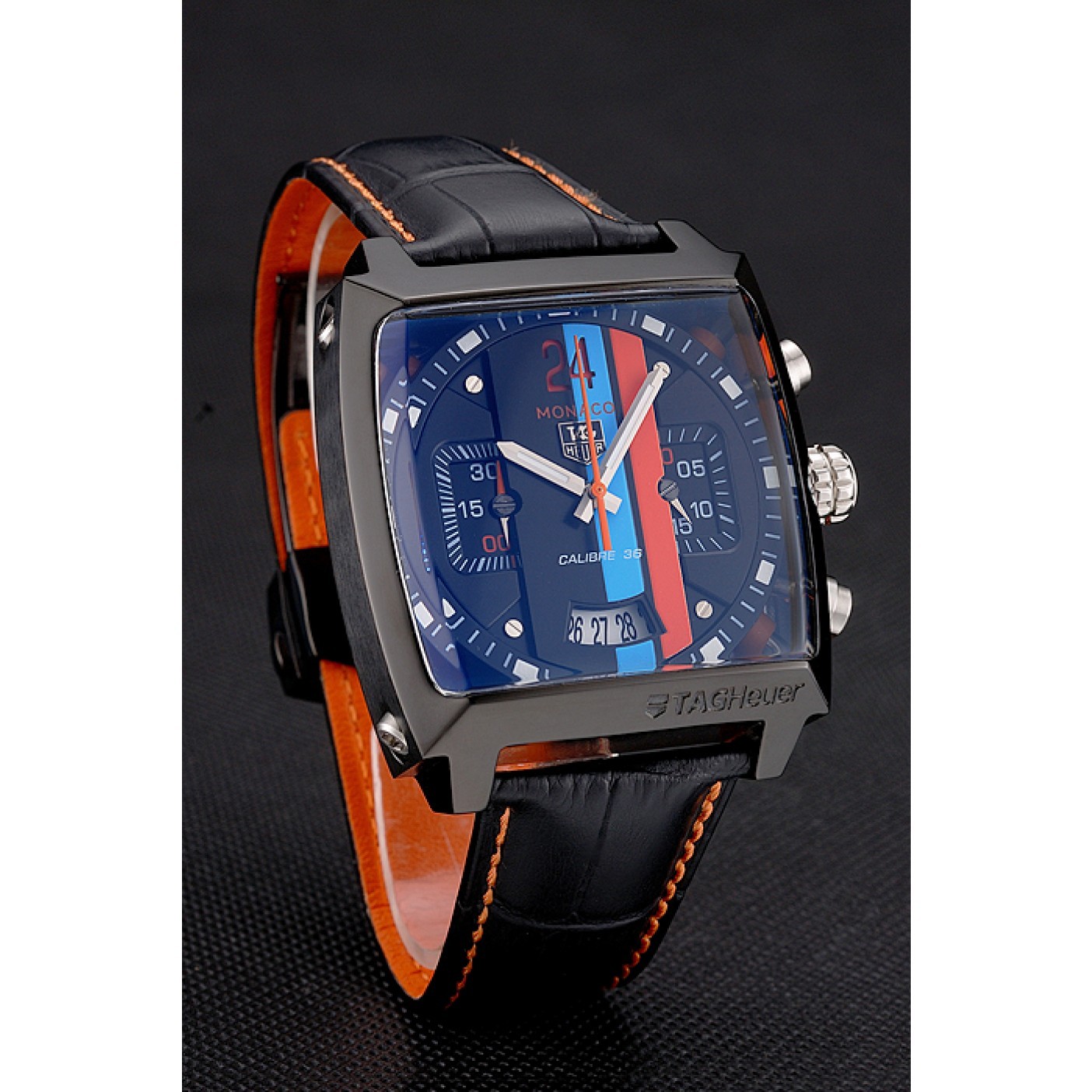 Tag Heuer Monaco Calibre 36 Blue And Orange Stripes Dial Black Leather Strap 622302